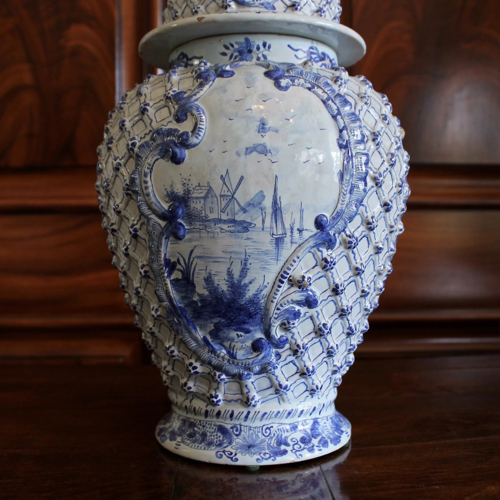 Delft Covered Jar with Latticework and Rosettes