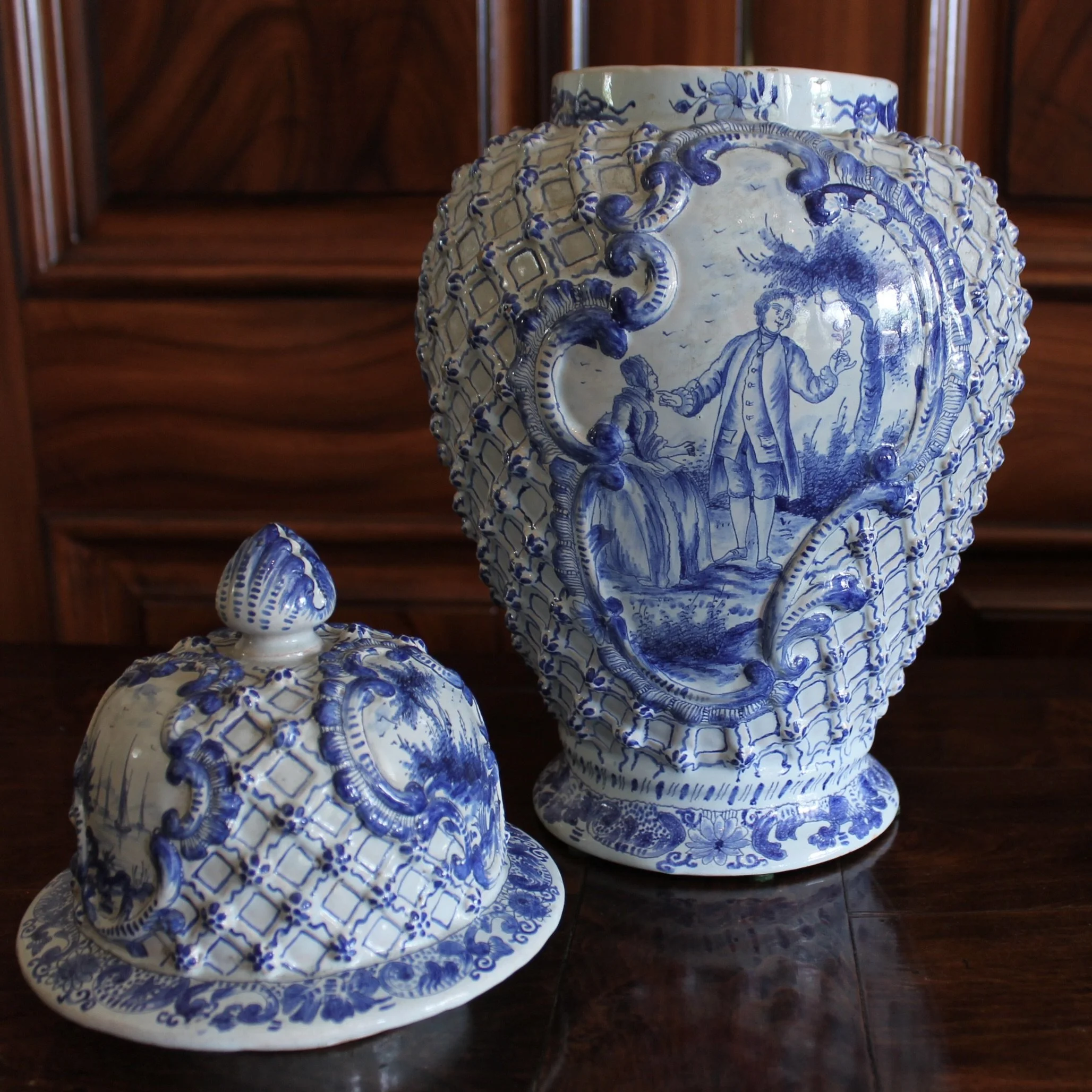Delft Covered Jar with Latticework and Rosettes