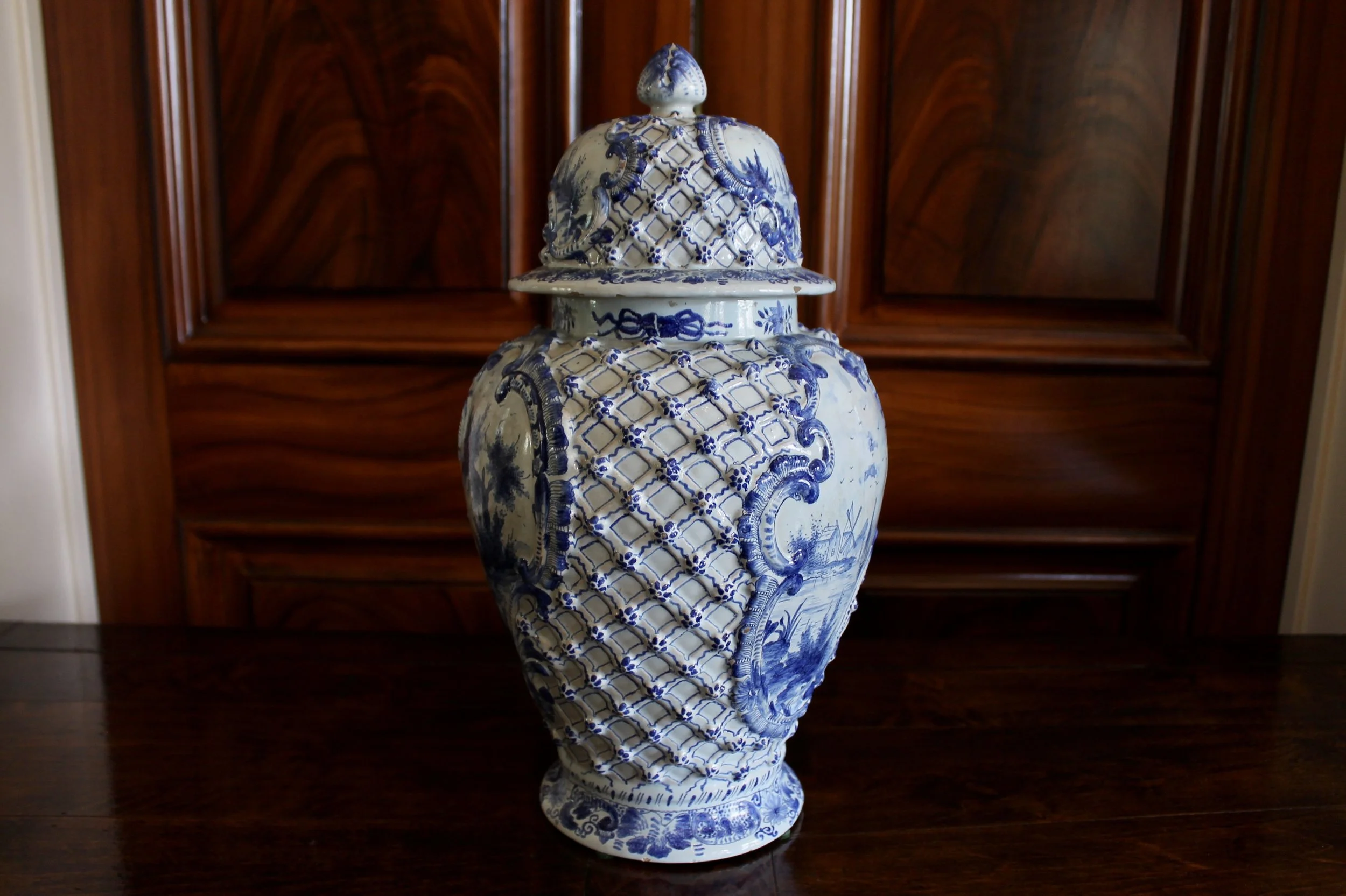 Delft Covered Jar with Latticework and Rosettes