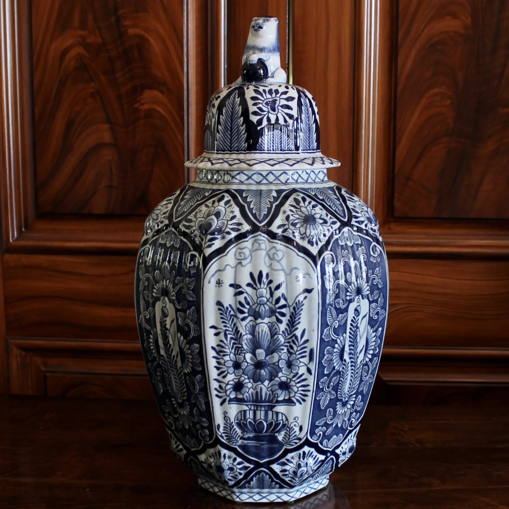 Delftware Covered Jars Topped by Lion Finials
