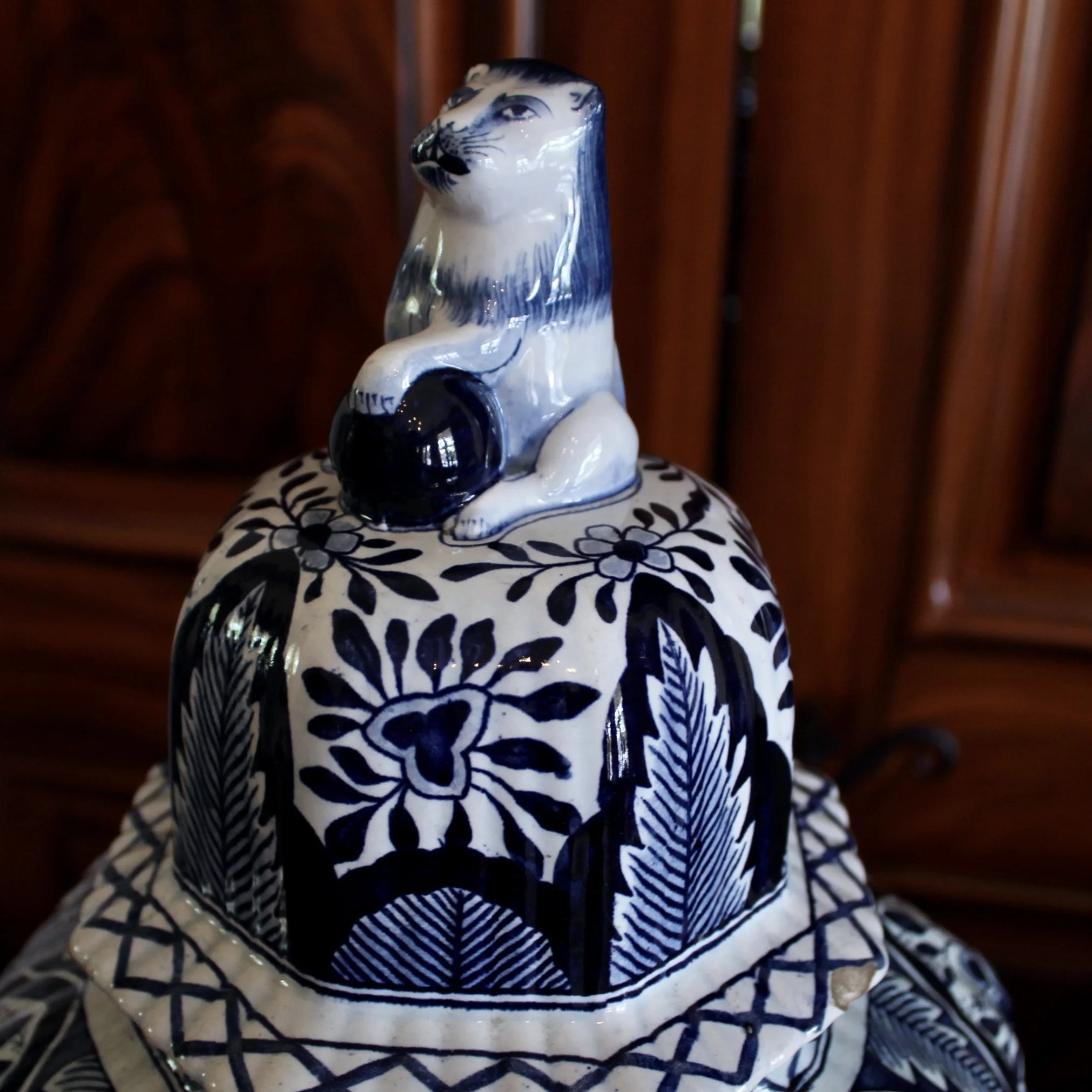 Delftware Covered Jars Topped by Lion Finials