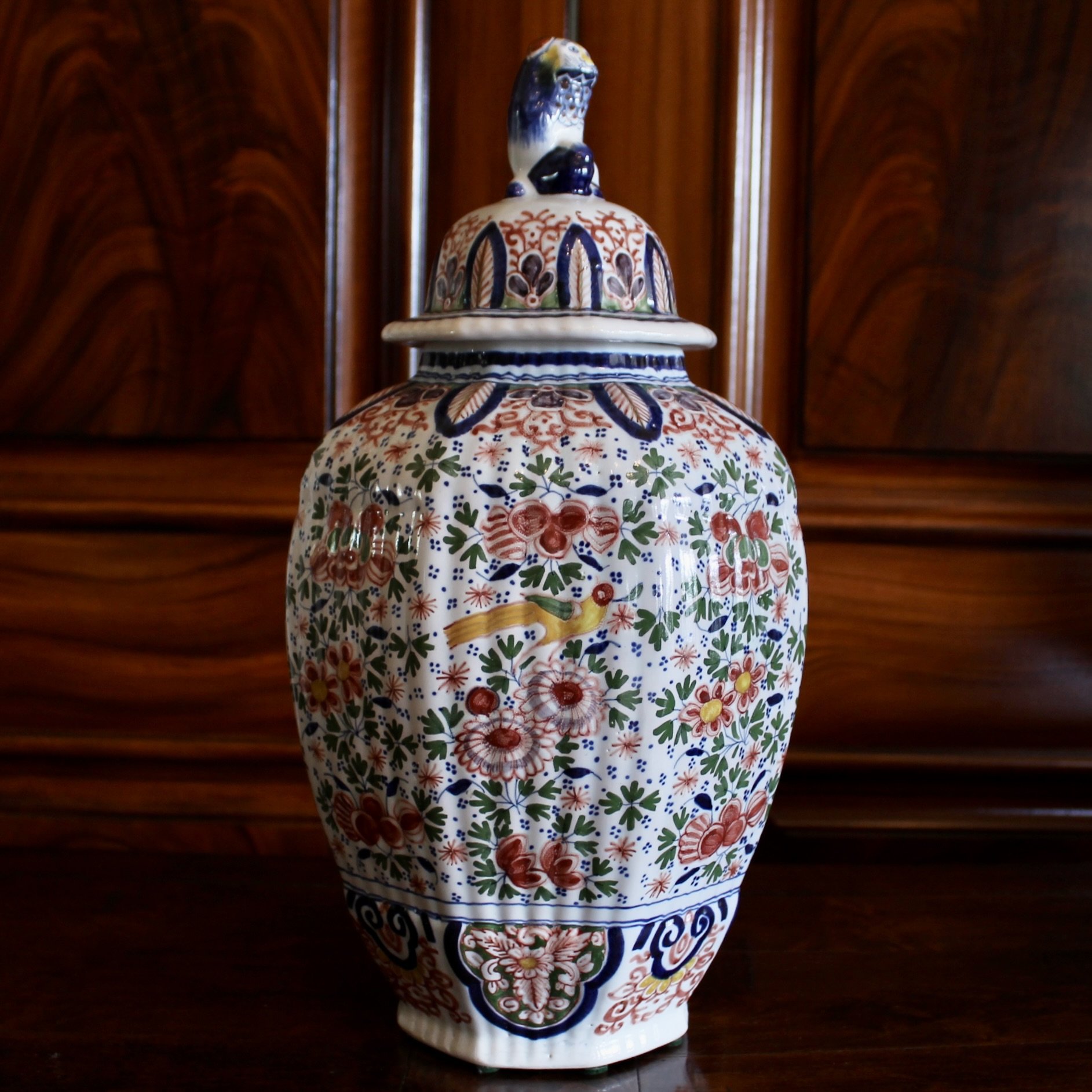 Delftware Covered Jars Topped by Lion Finials