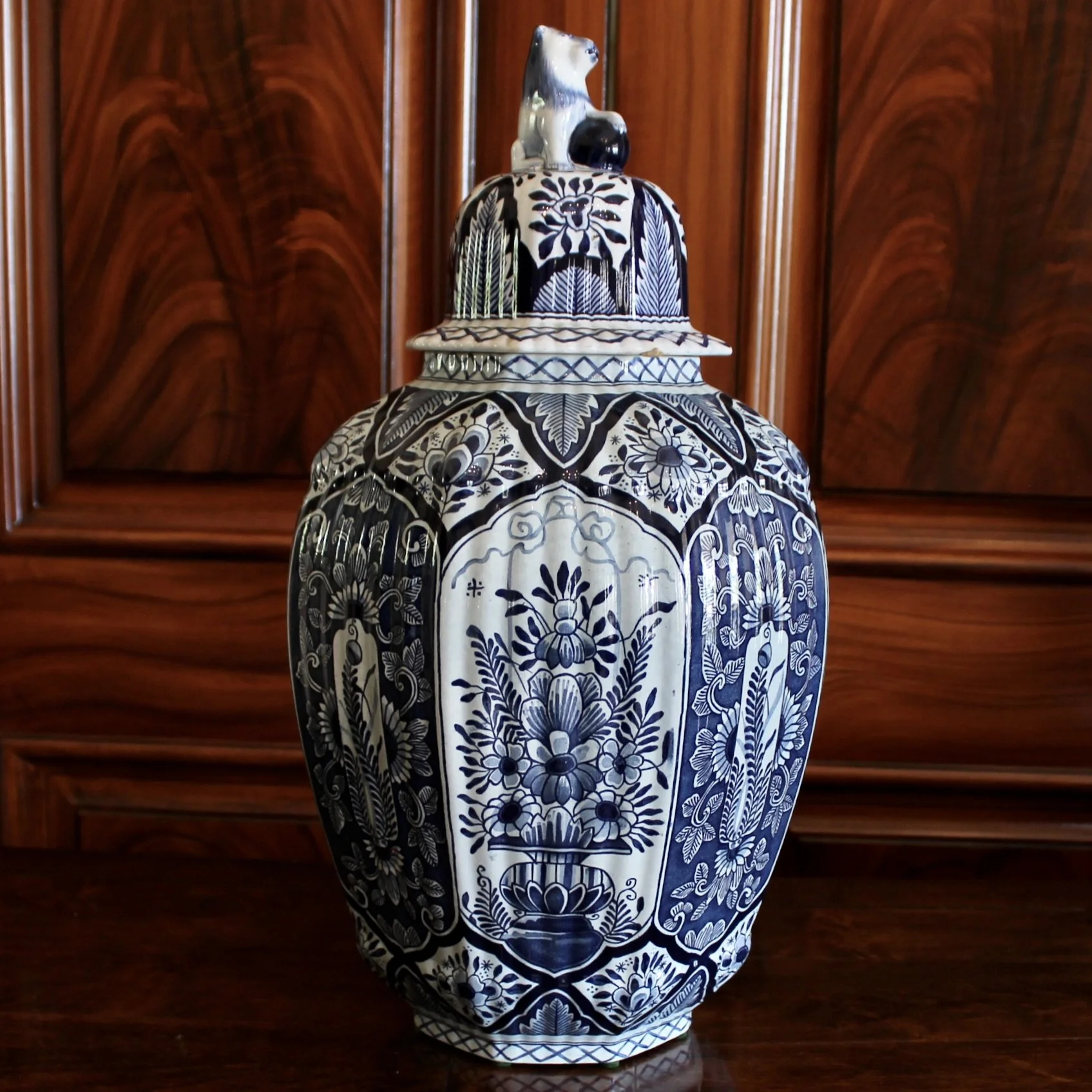 Delftware Covered Jars Topped by Lion Finials