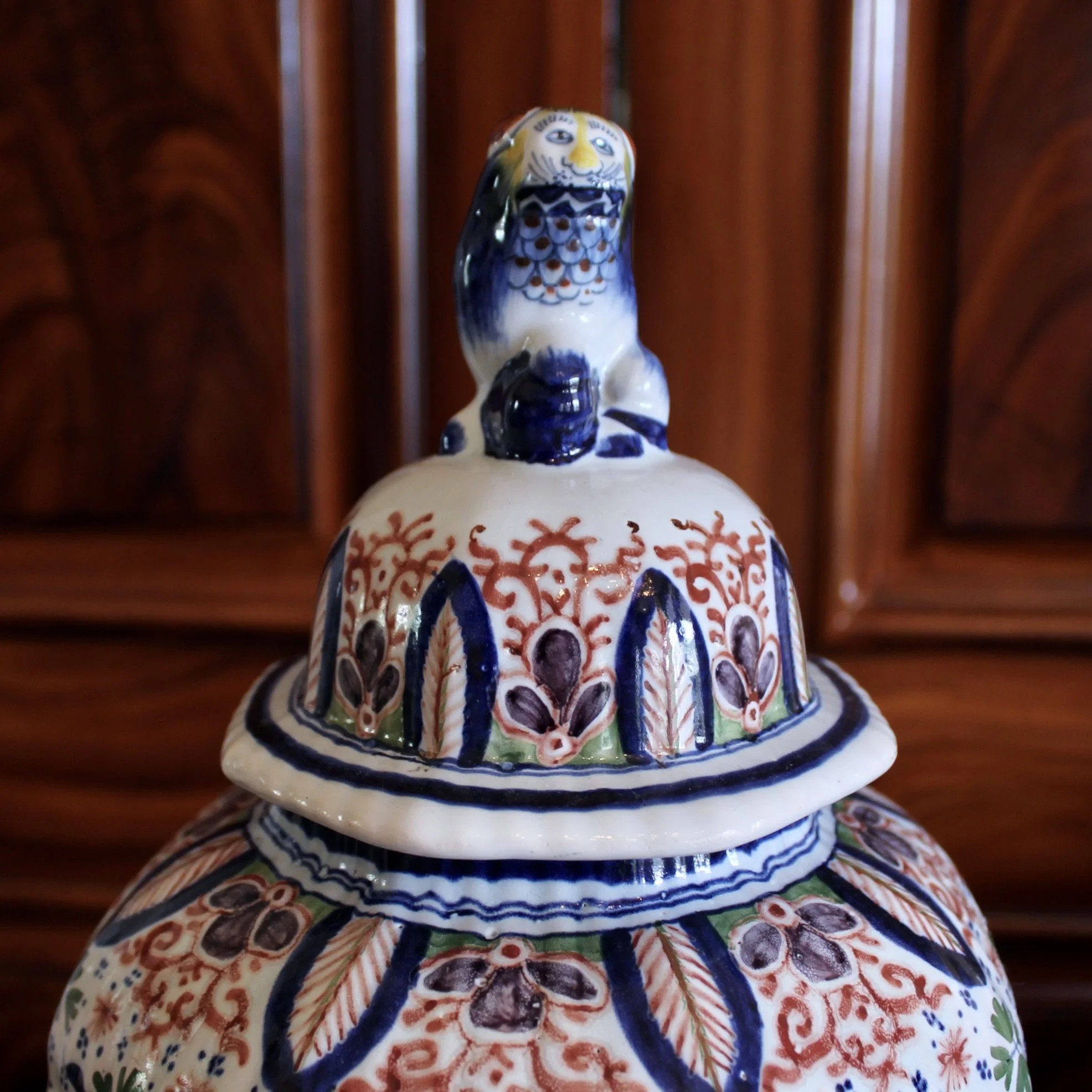 Delftware Covered Jars Topped by Lion Finials