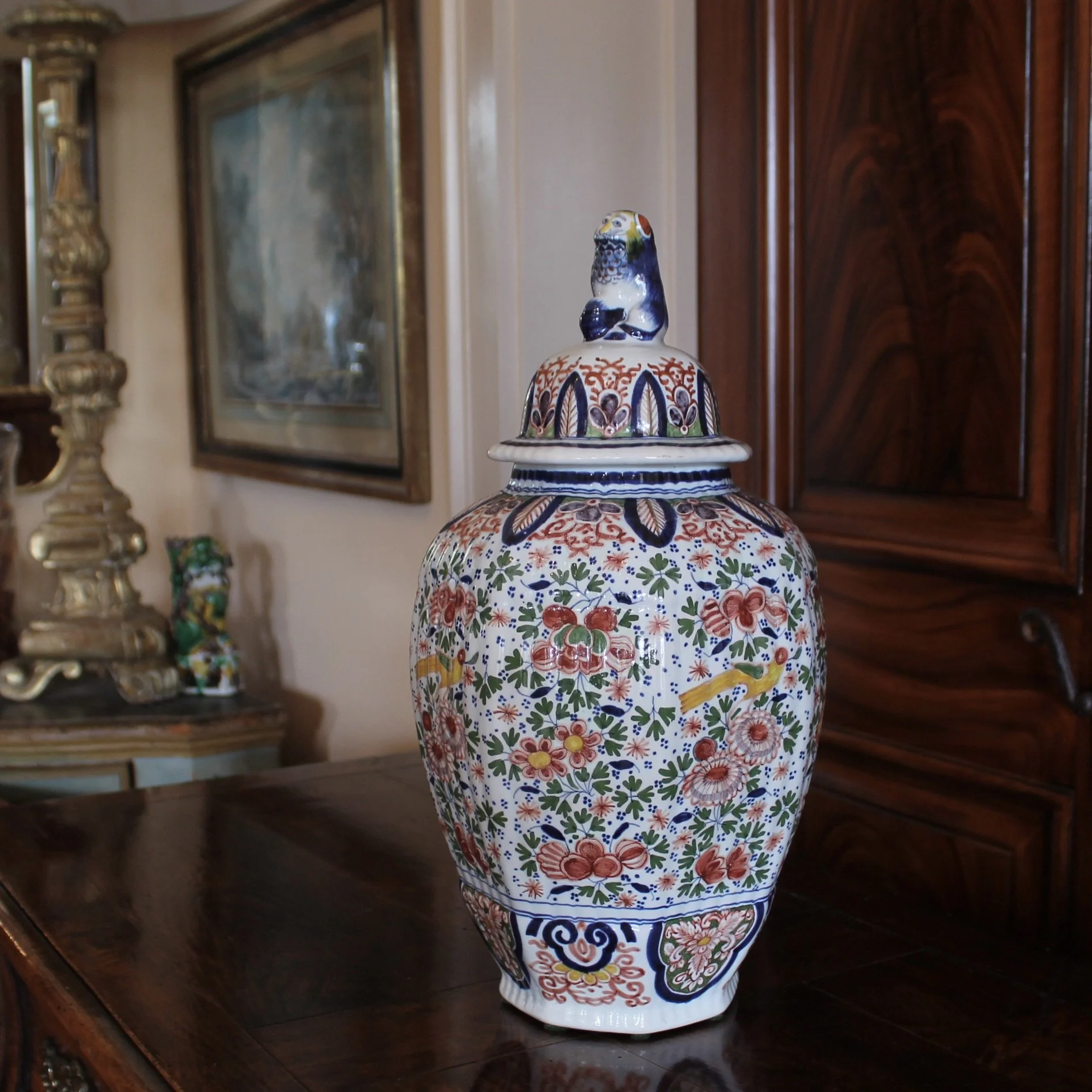 Delftware Covered Jars Topped by Lion Finials