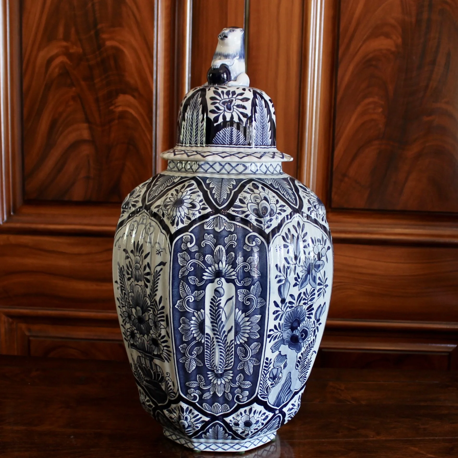 Delftware Covered Jars Topped by Lion Finials