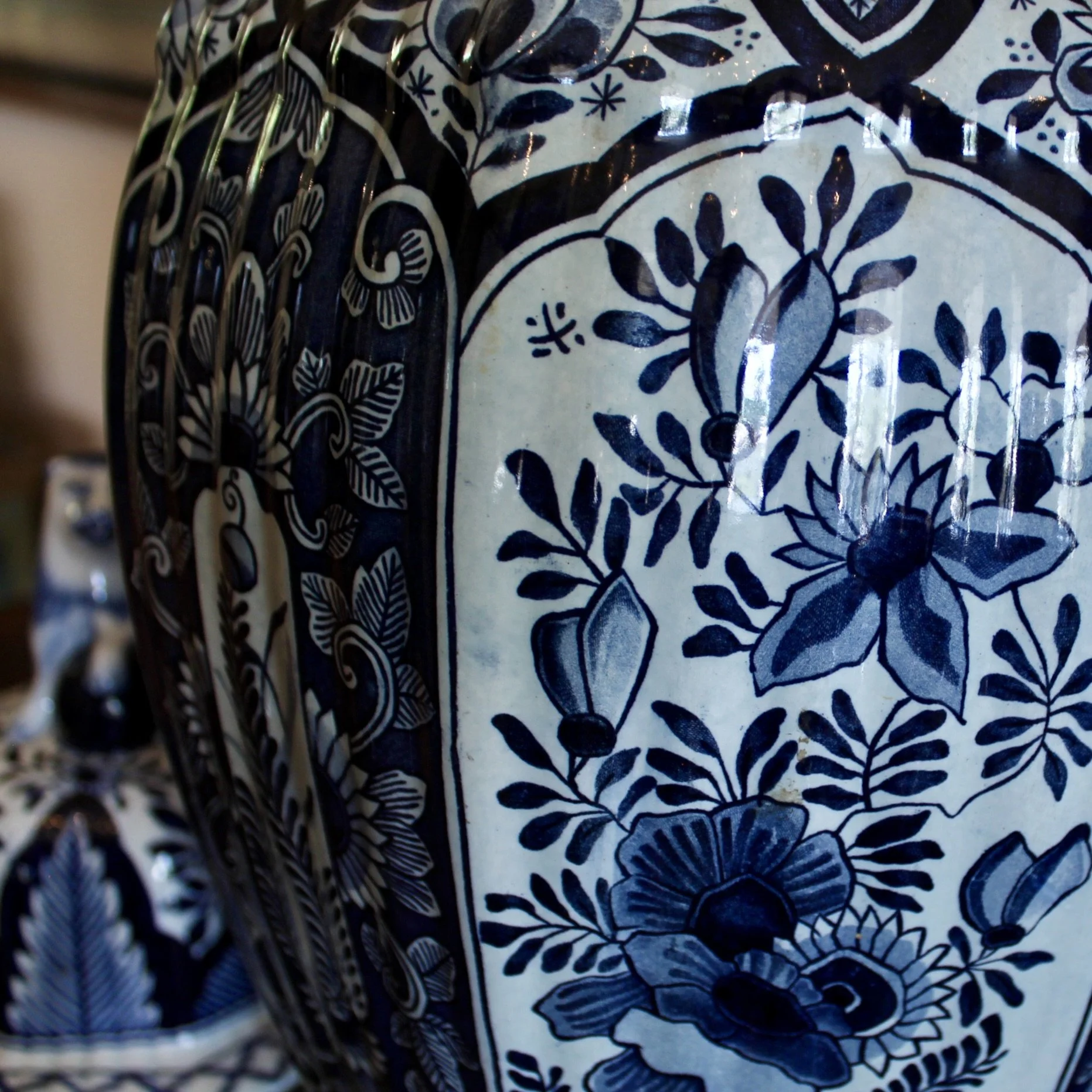 Delftware Covered Jars Topped by Lion Finials