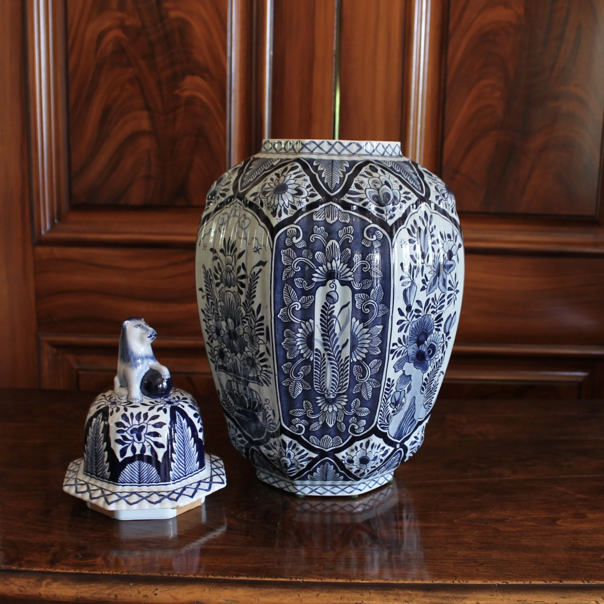 Delftware Covered Jars Topped by Lion Finials