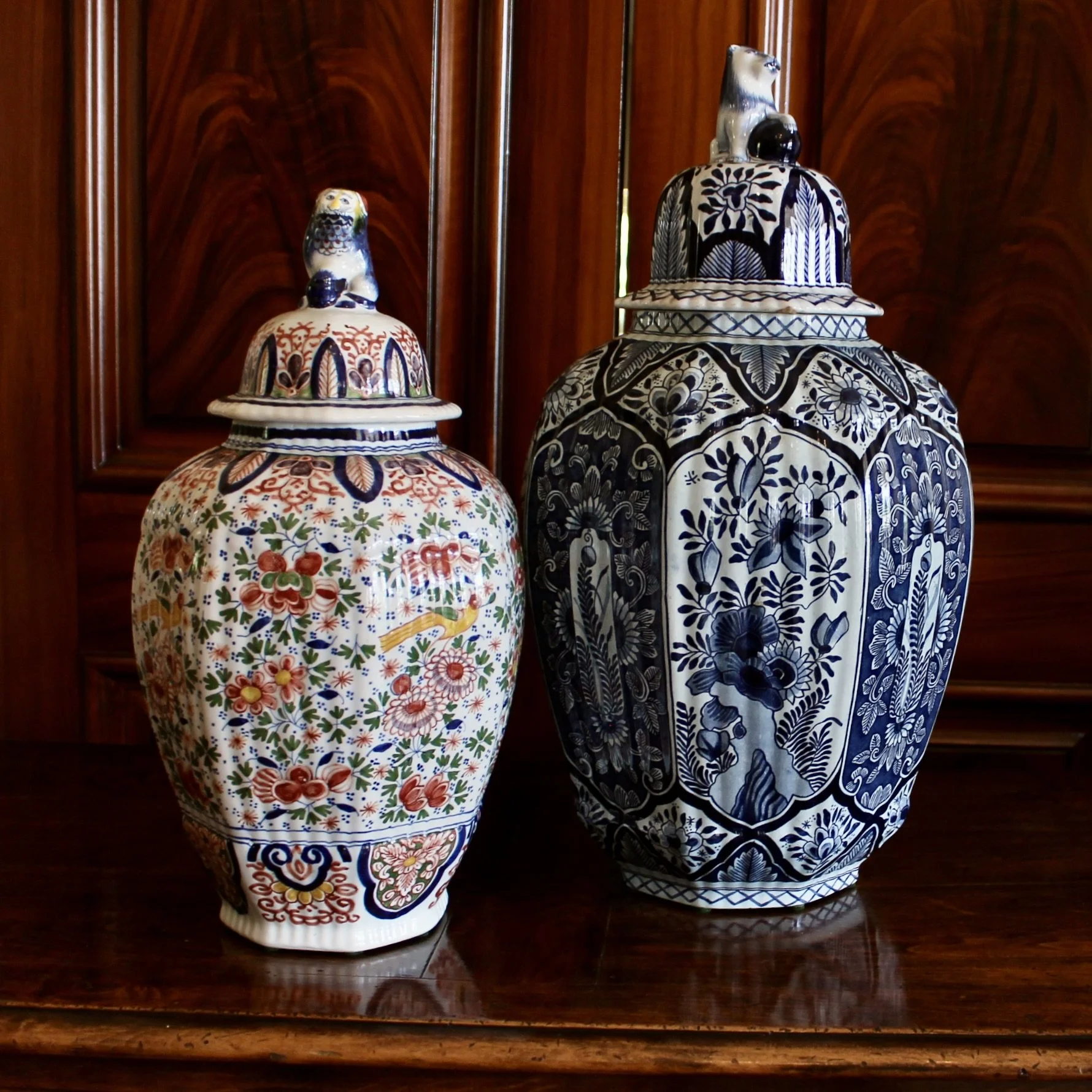Delftware Covered Jars Topped by Lion Finials