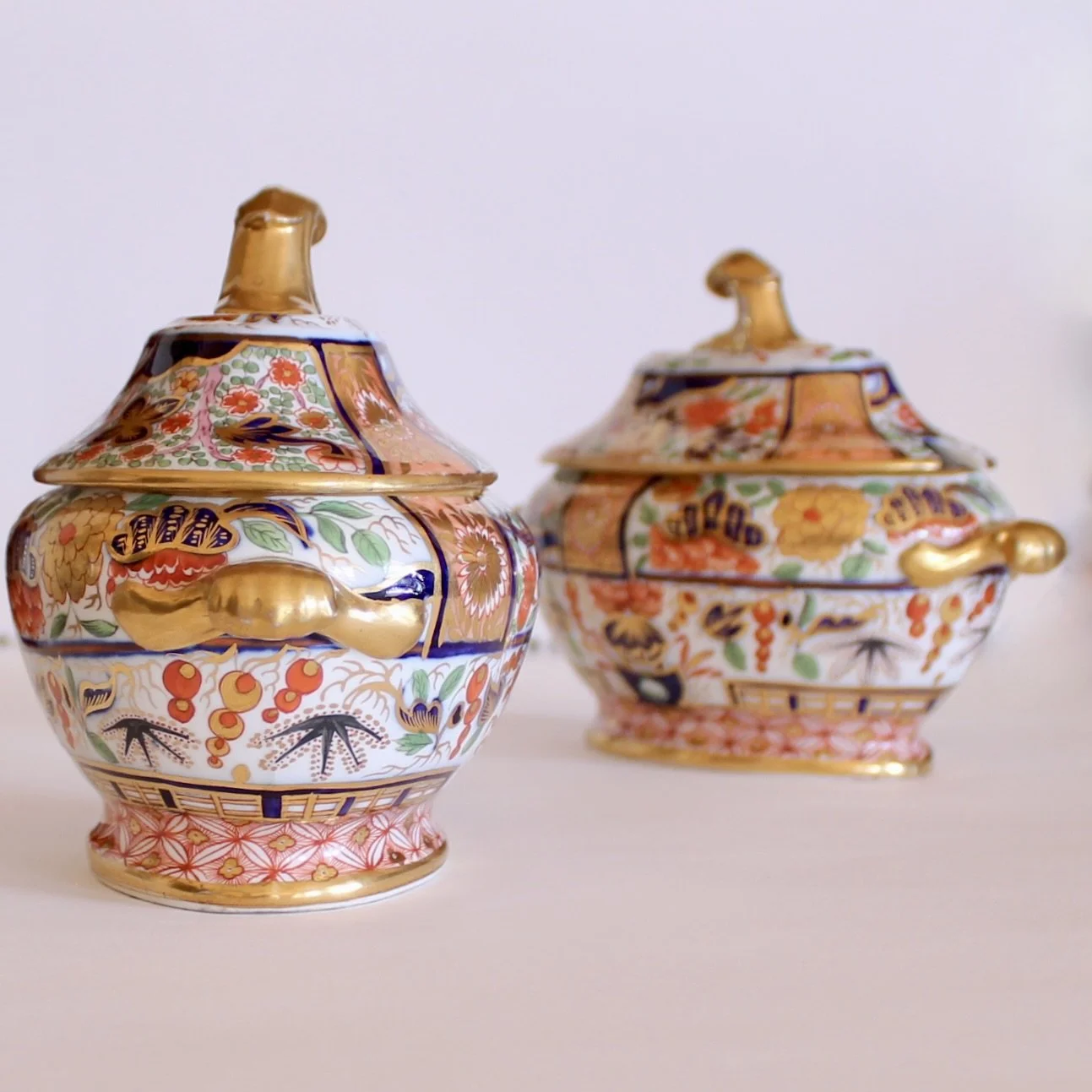 Pair of Exceptional Early English Gilt Imari Sauce Tureens