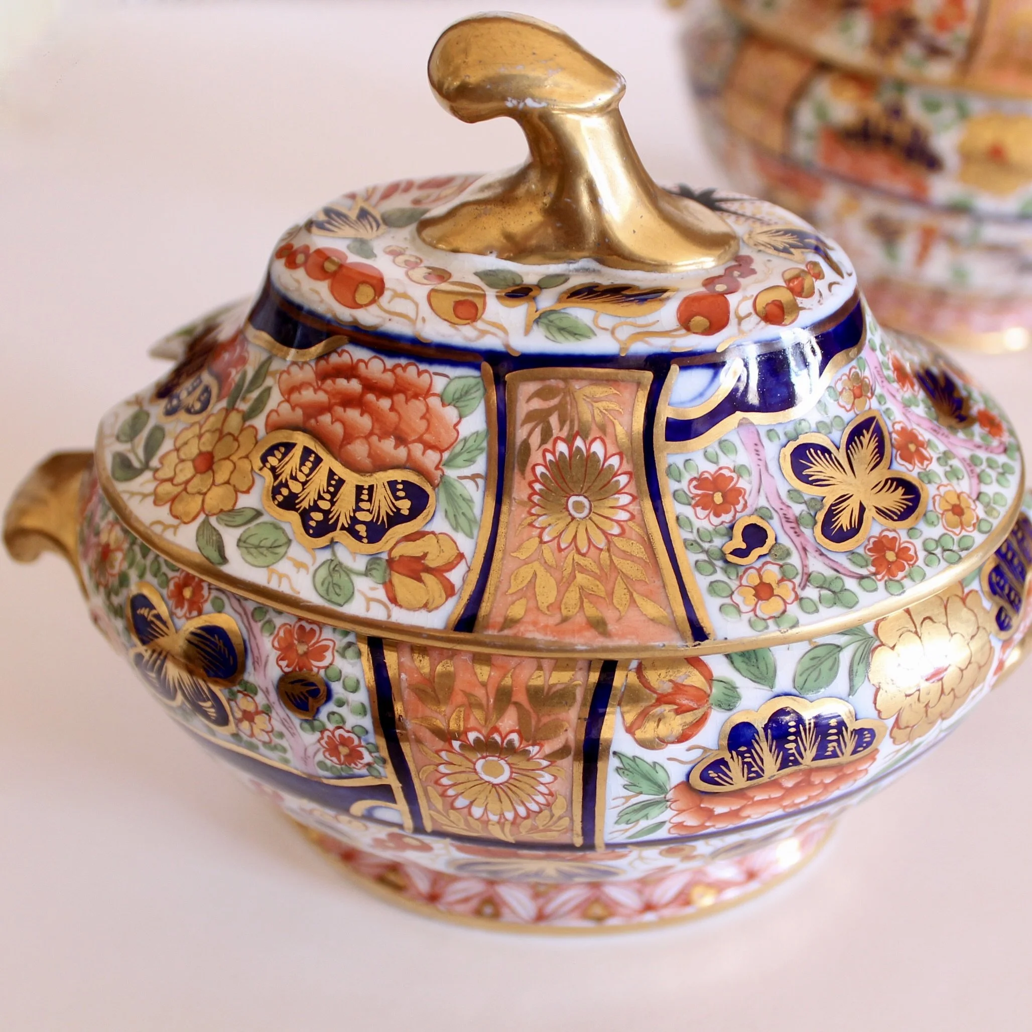 Pair of Exceptional Early English Gilt Imari Sauce Tureens