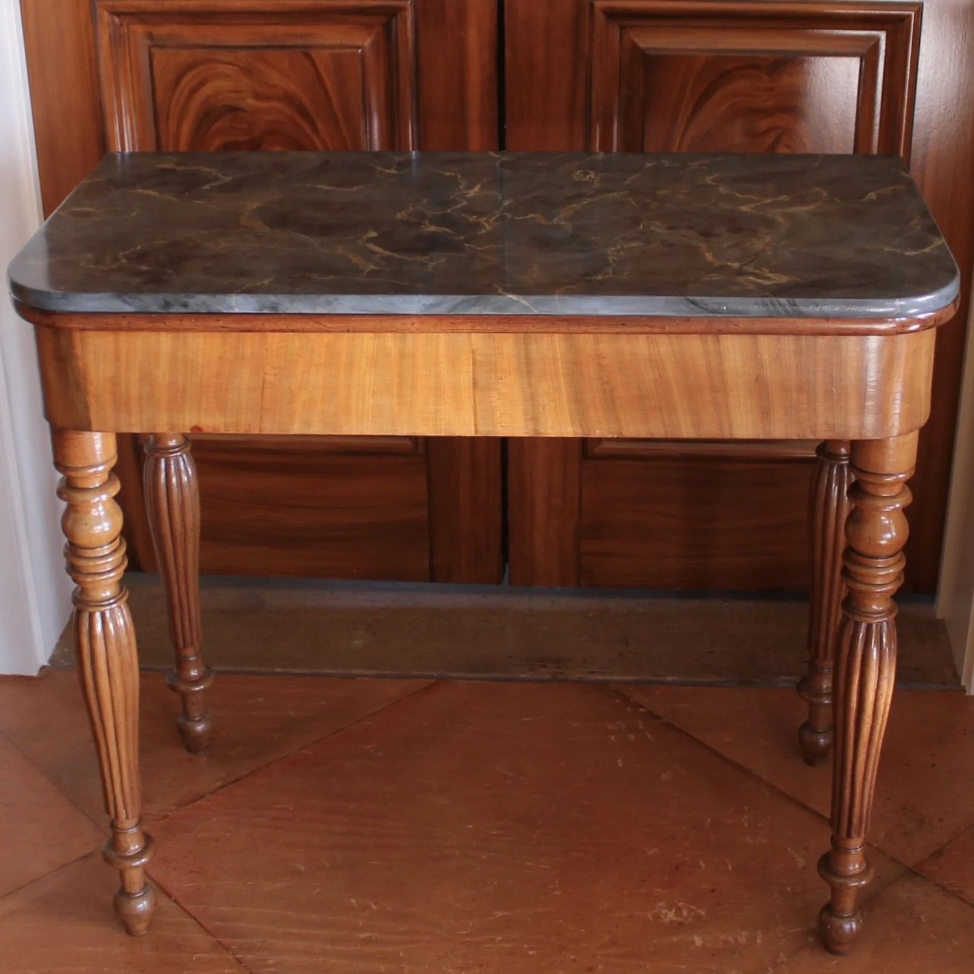 French Faux Marble Top Painted and Mahogany Console Table / Game Table