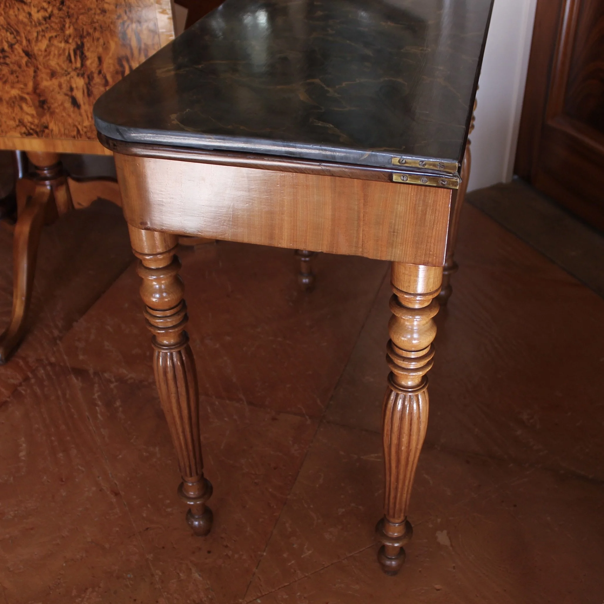 French Faux Marble Top Painted and Mahogany Console Table / Game Table