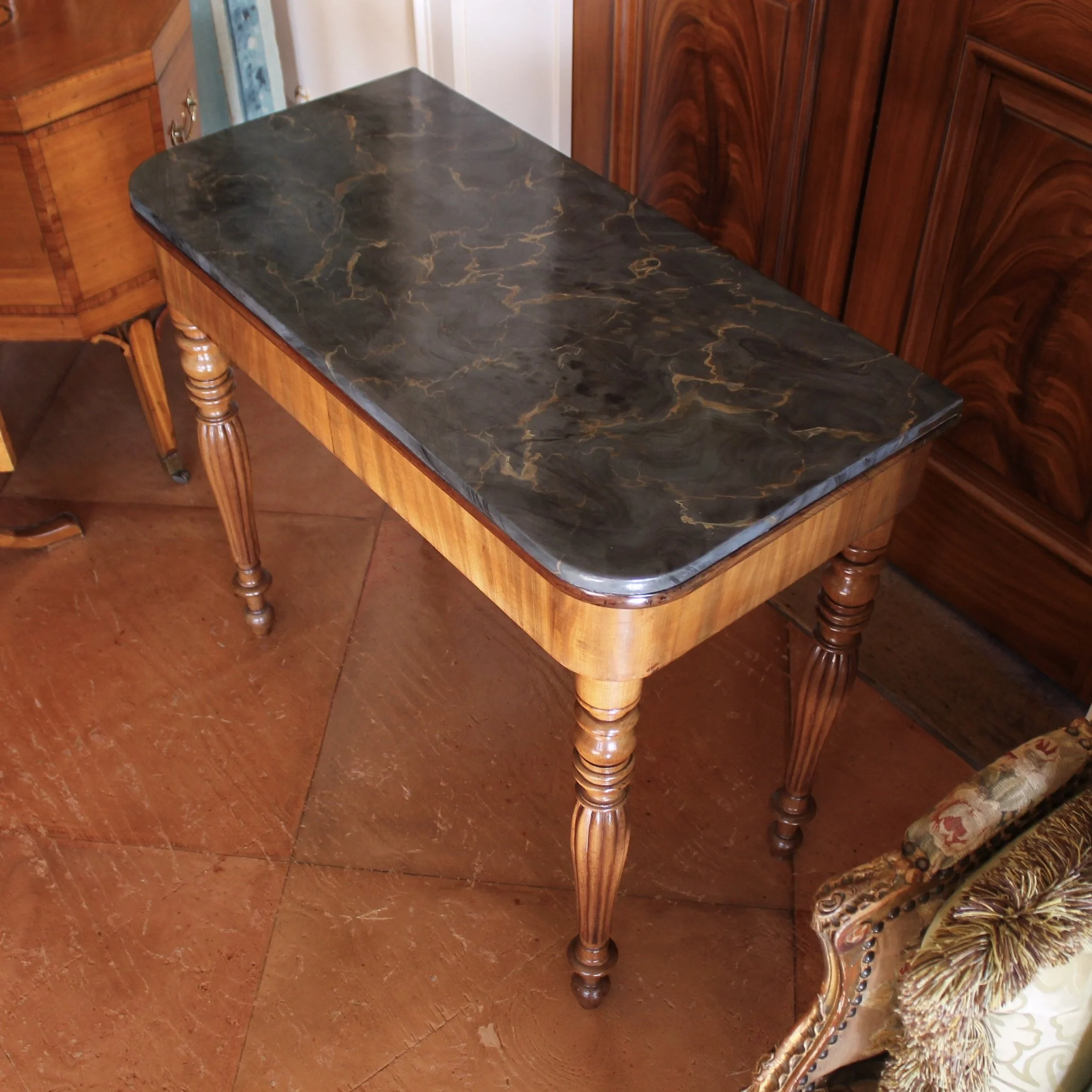 French Faux Marble Top Painted and Mahogany Console Table / Game Table