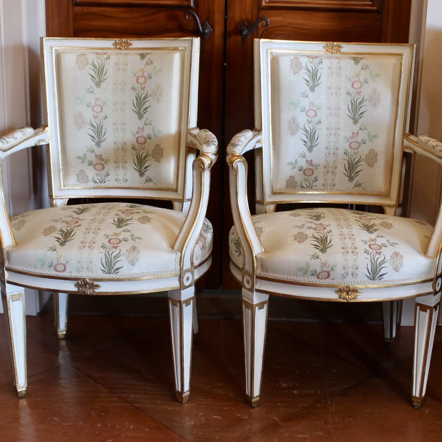 Pair of Swedish Gustavian Style Painted and Gilt Neoclassical Armchairs