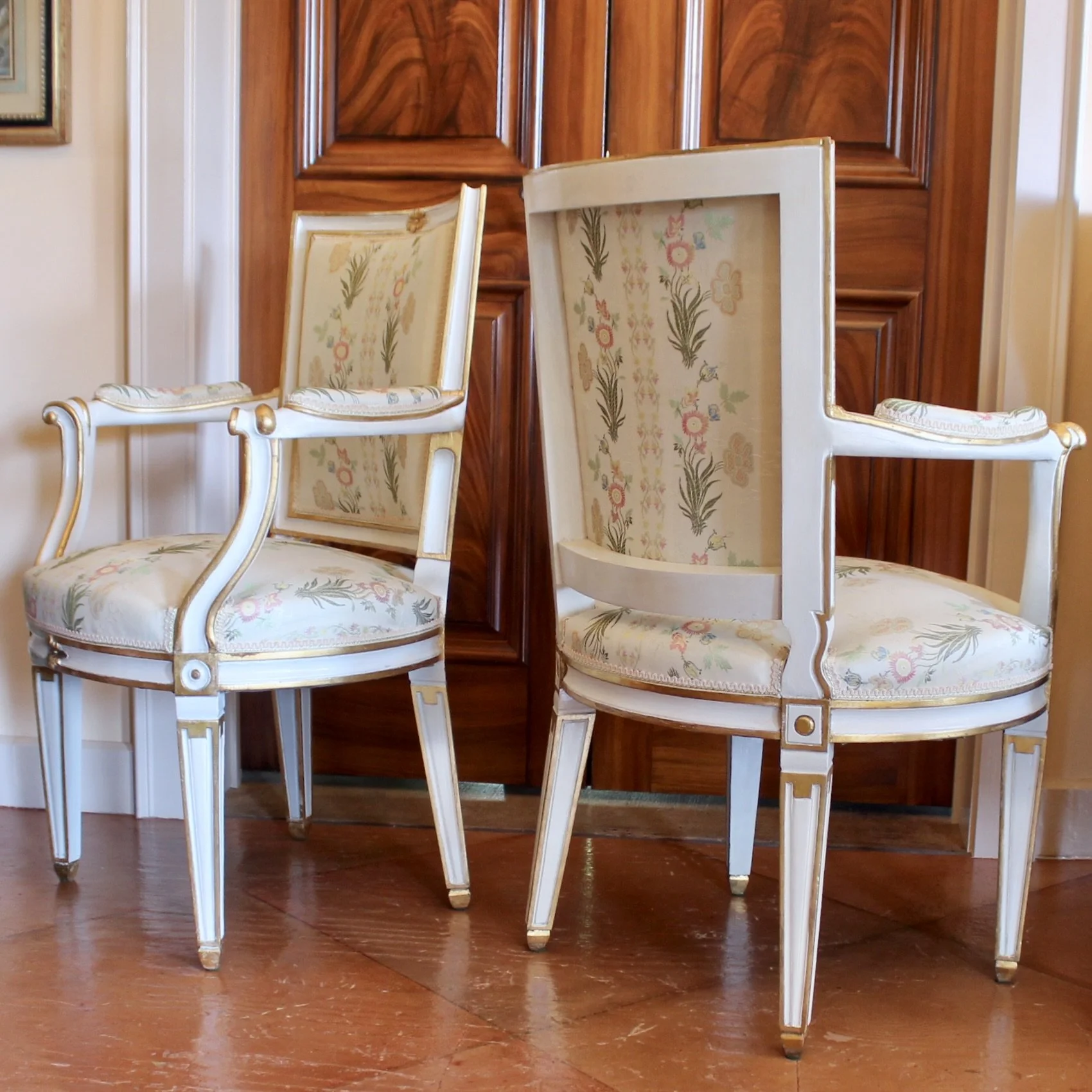 Pair of Swedish Gustavian Style Painted and Gilt Neoclassical Armchairs