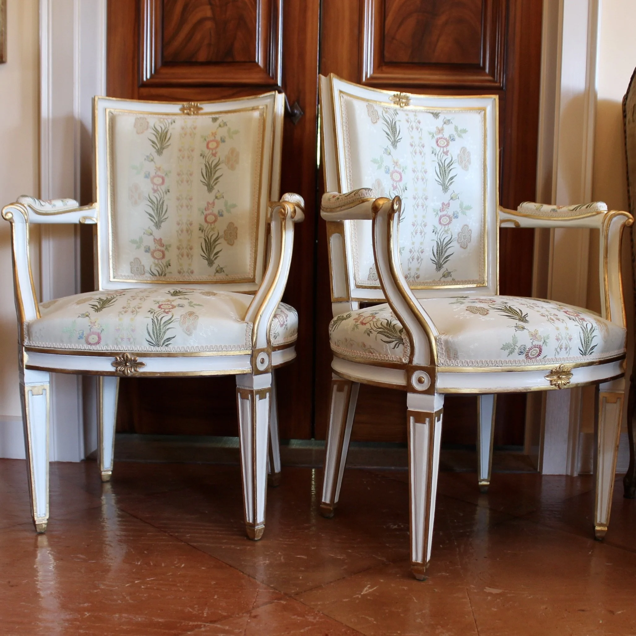 Pair of Swedish Gustavian Style Painted and Gilt Neoclassical Armchairs