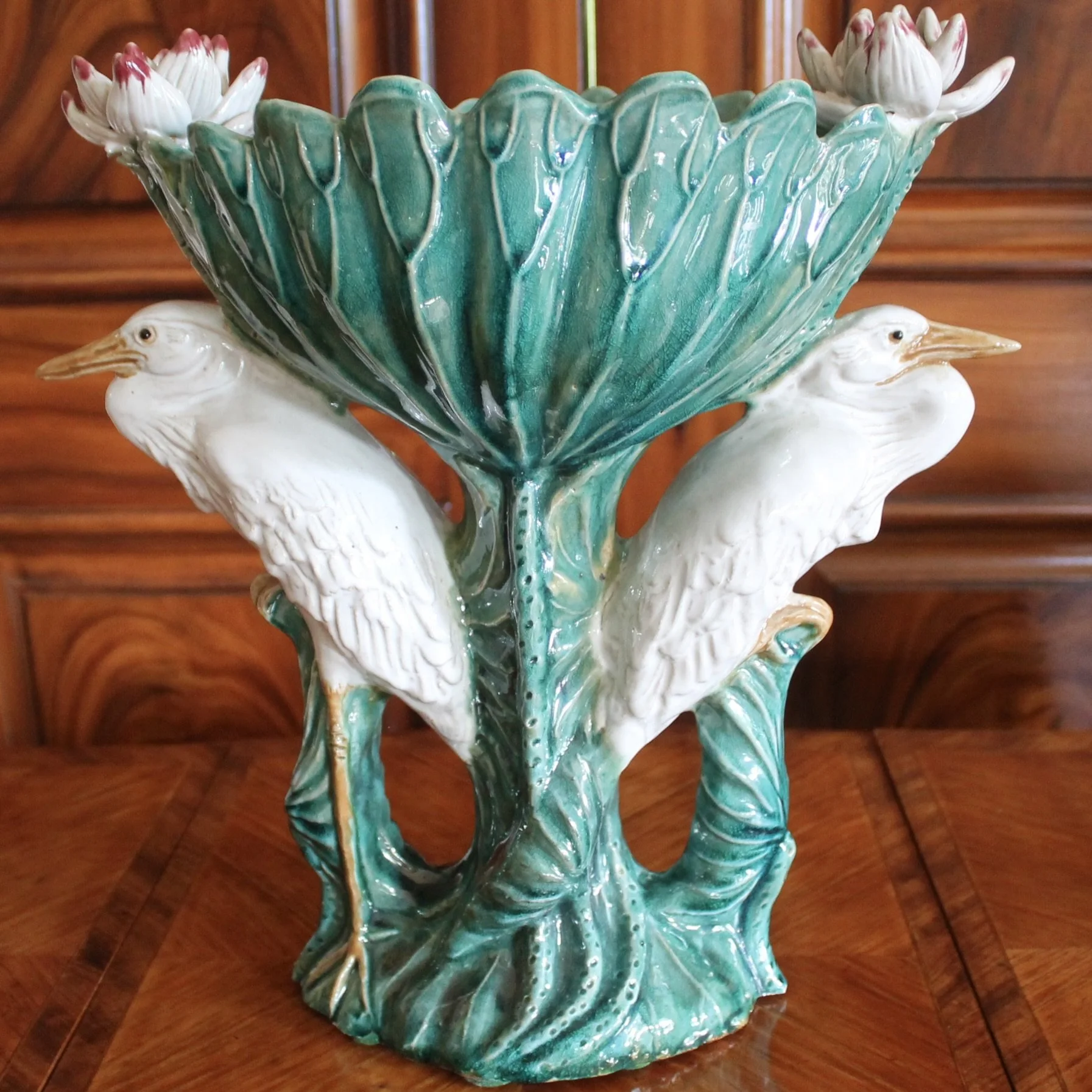 Turquoise Majolica Centerpiece Bowl with Egrets