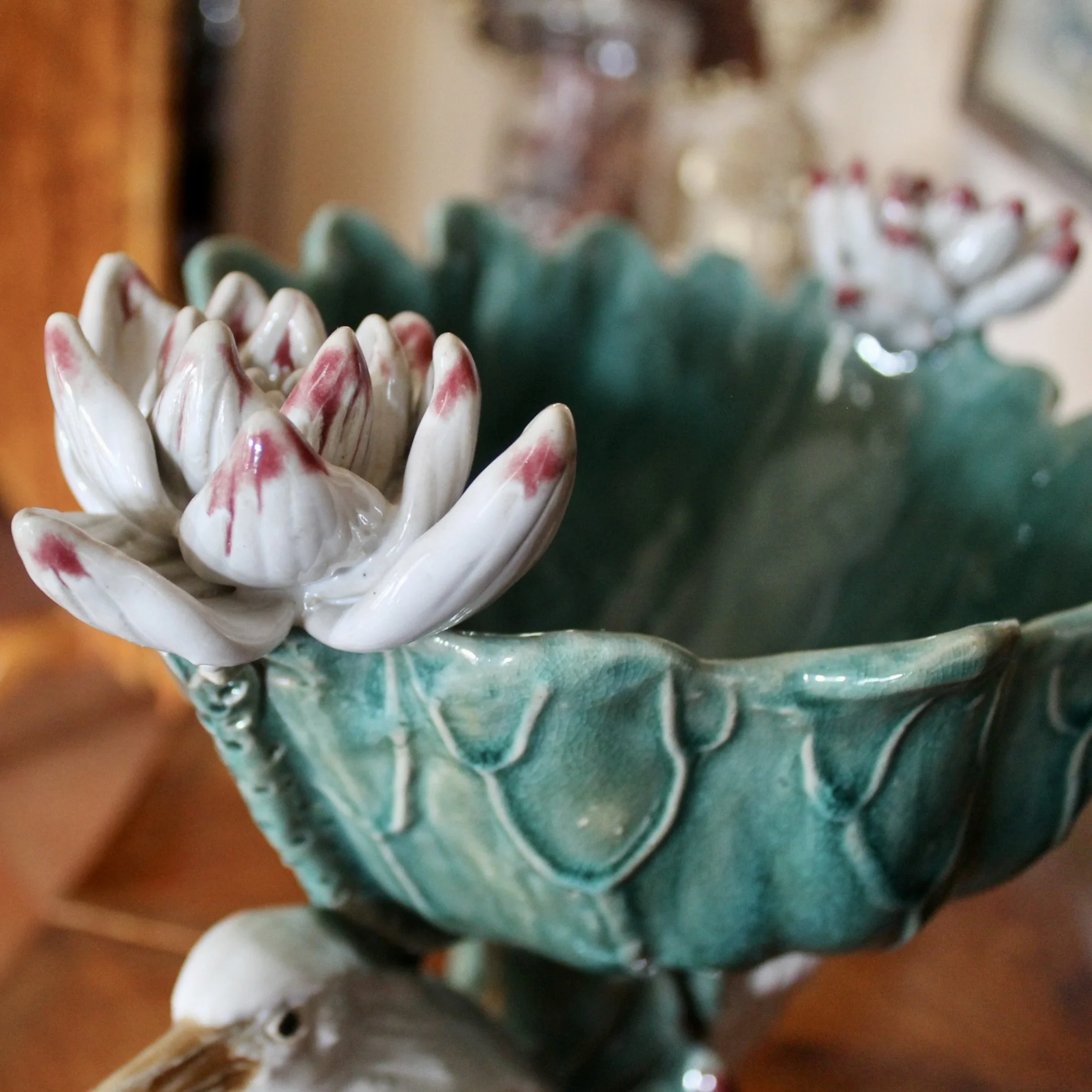 Turquoise Majolica Centerpiece Bowl with Egrets