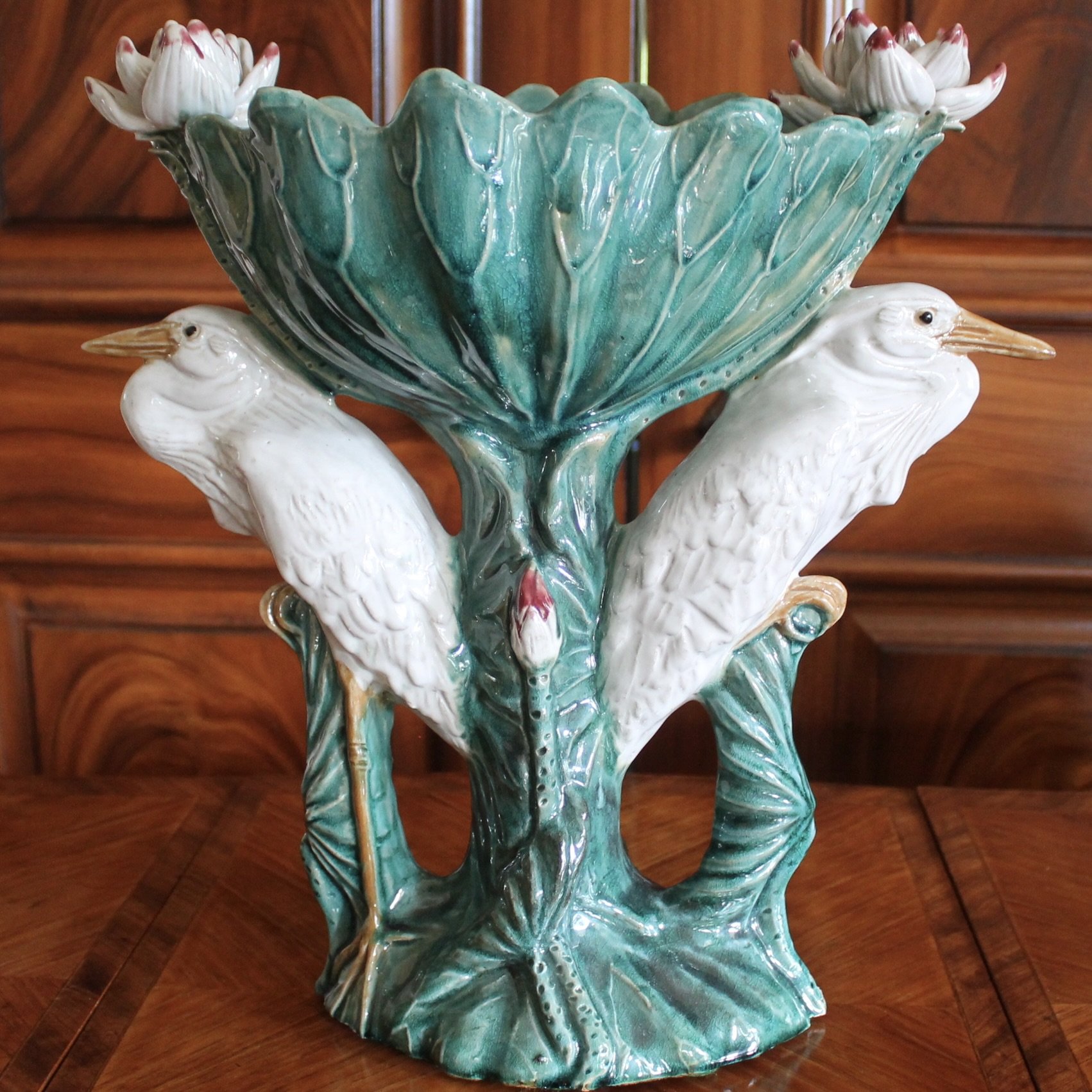 Turquoise Majolica Centerpiece Bowl with Egrets