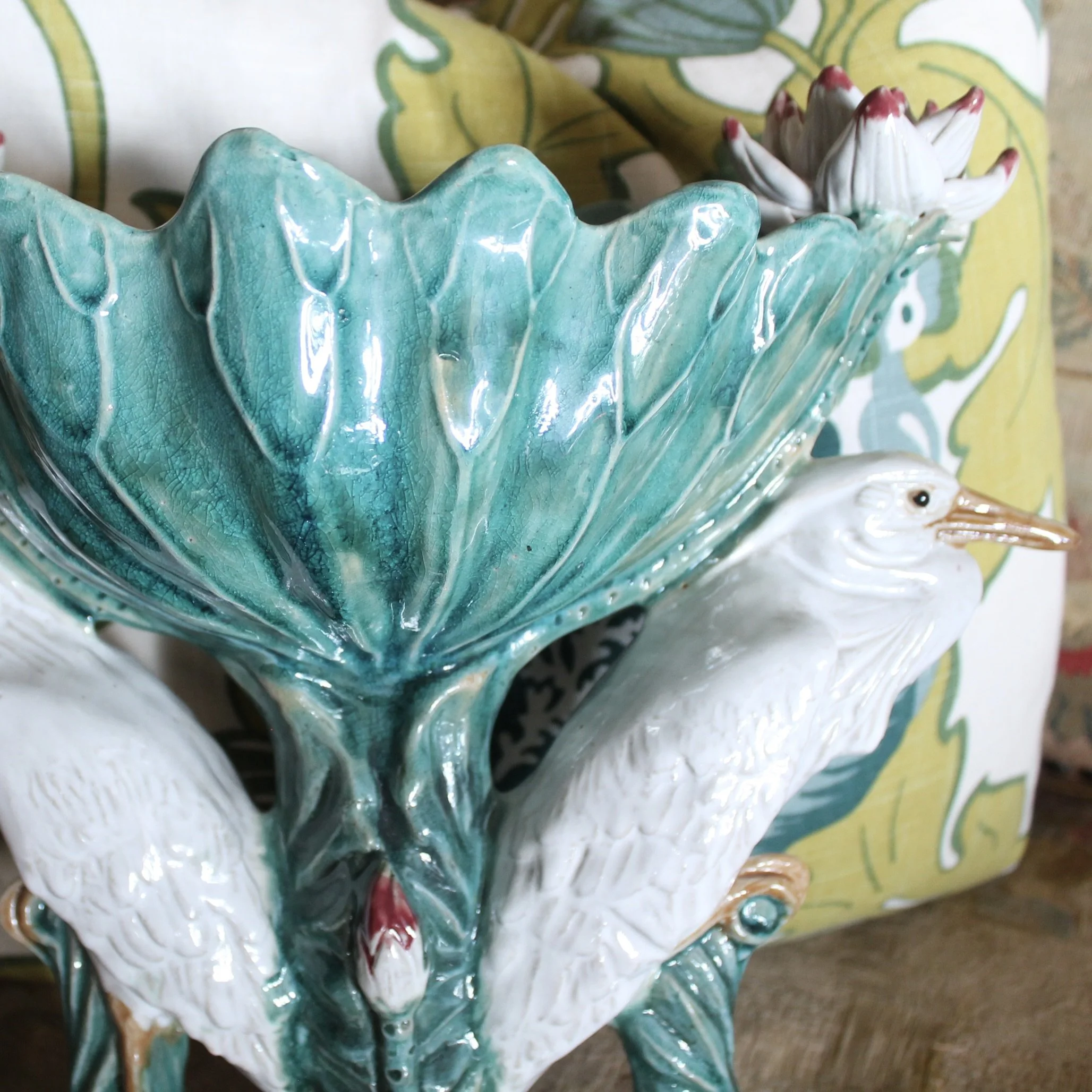 Turquoise Majolica Centerpiece Bowl with Egrets