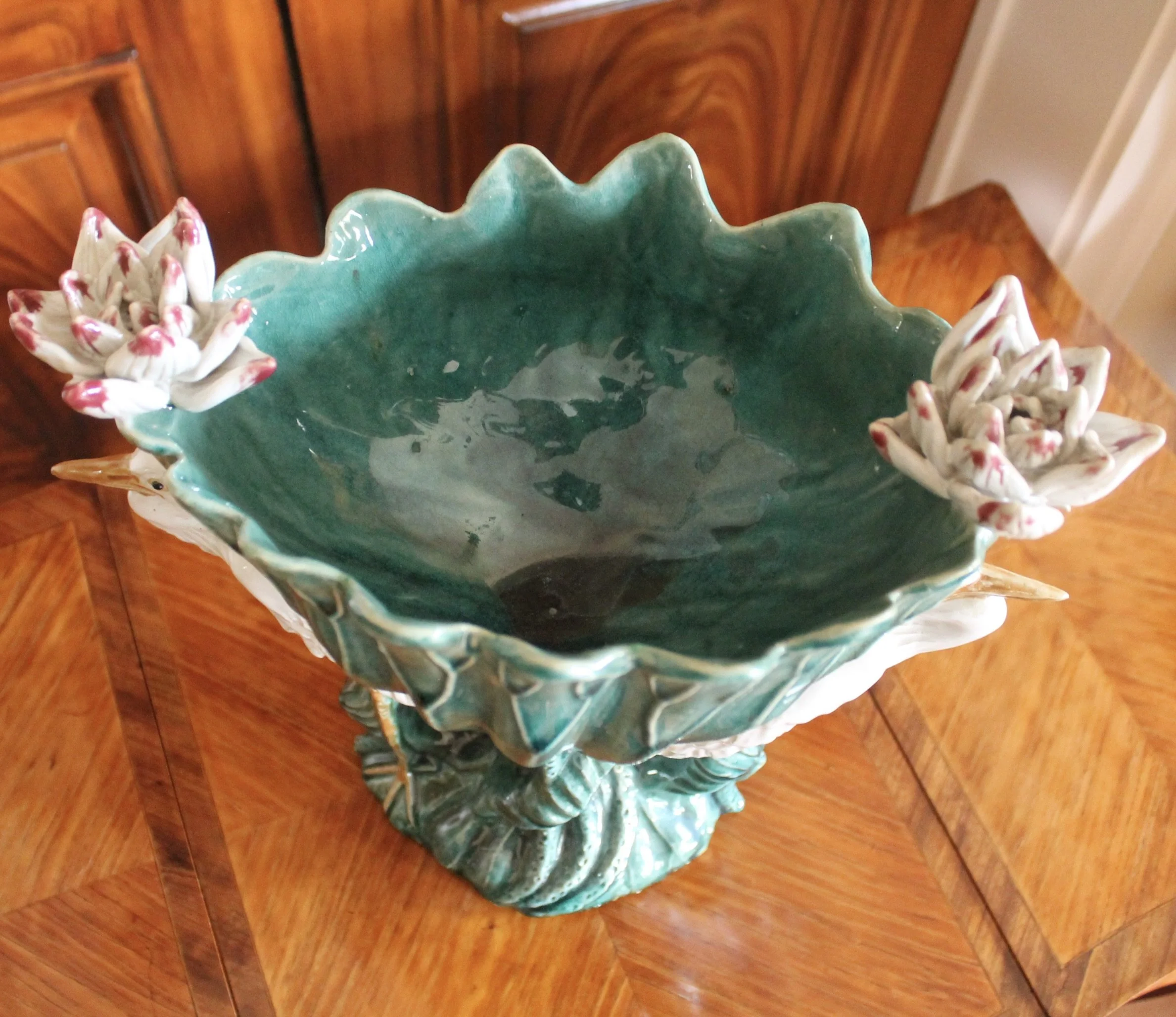 Turquoise Majolica Centerpiece Bowl with Egrets