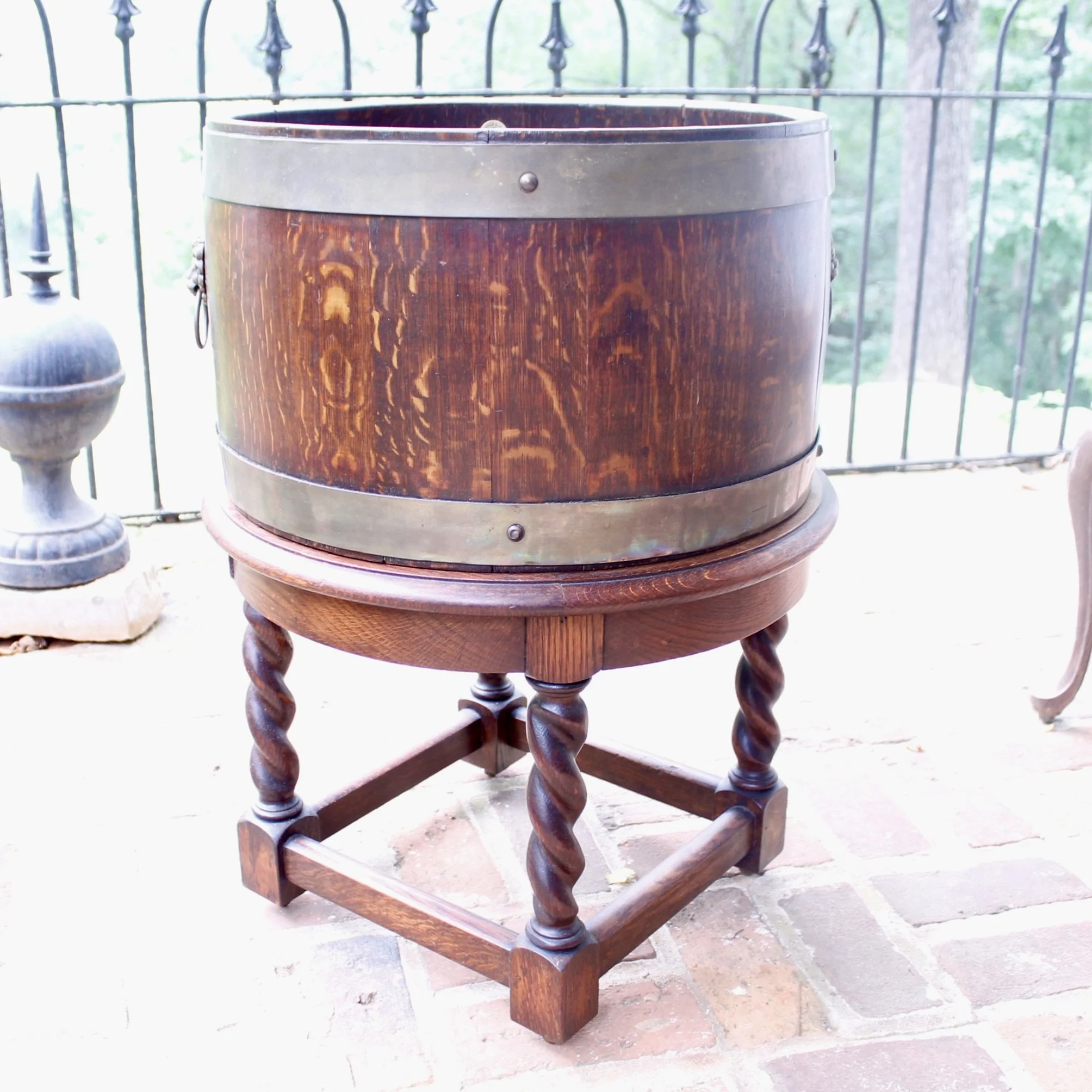 English Oak Stave Jardinière Planter And Stand