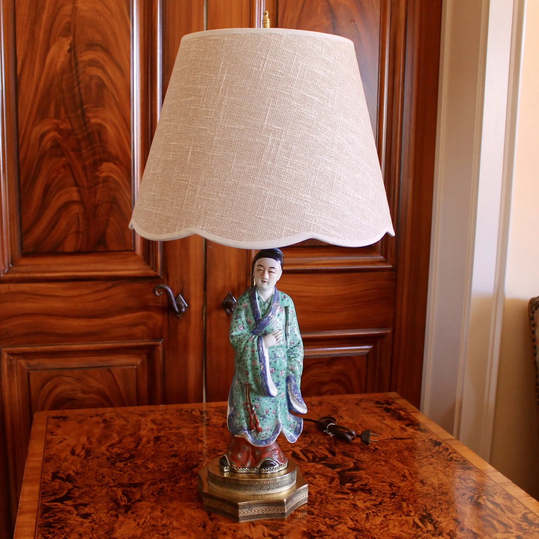 Antique Chinoiserie Porcelain Figure Lamps, Pair