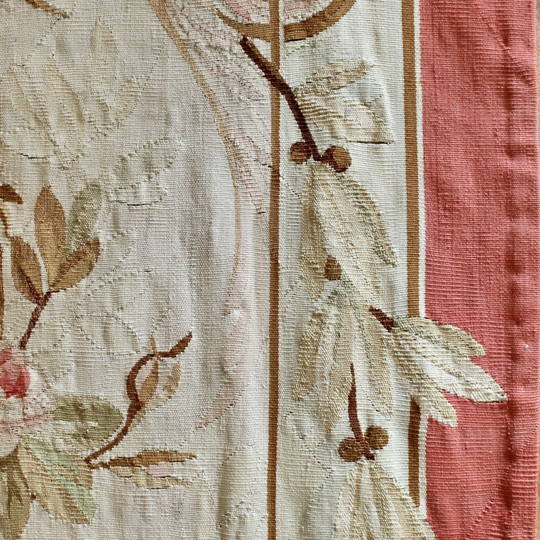 French Aubusson Floral Wall Tapestry in Coral, Rose and Sage Green