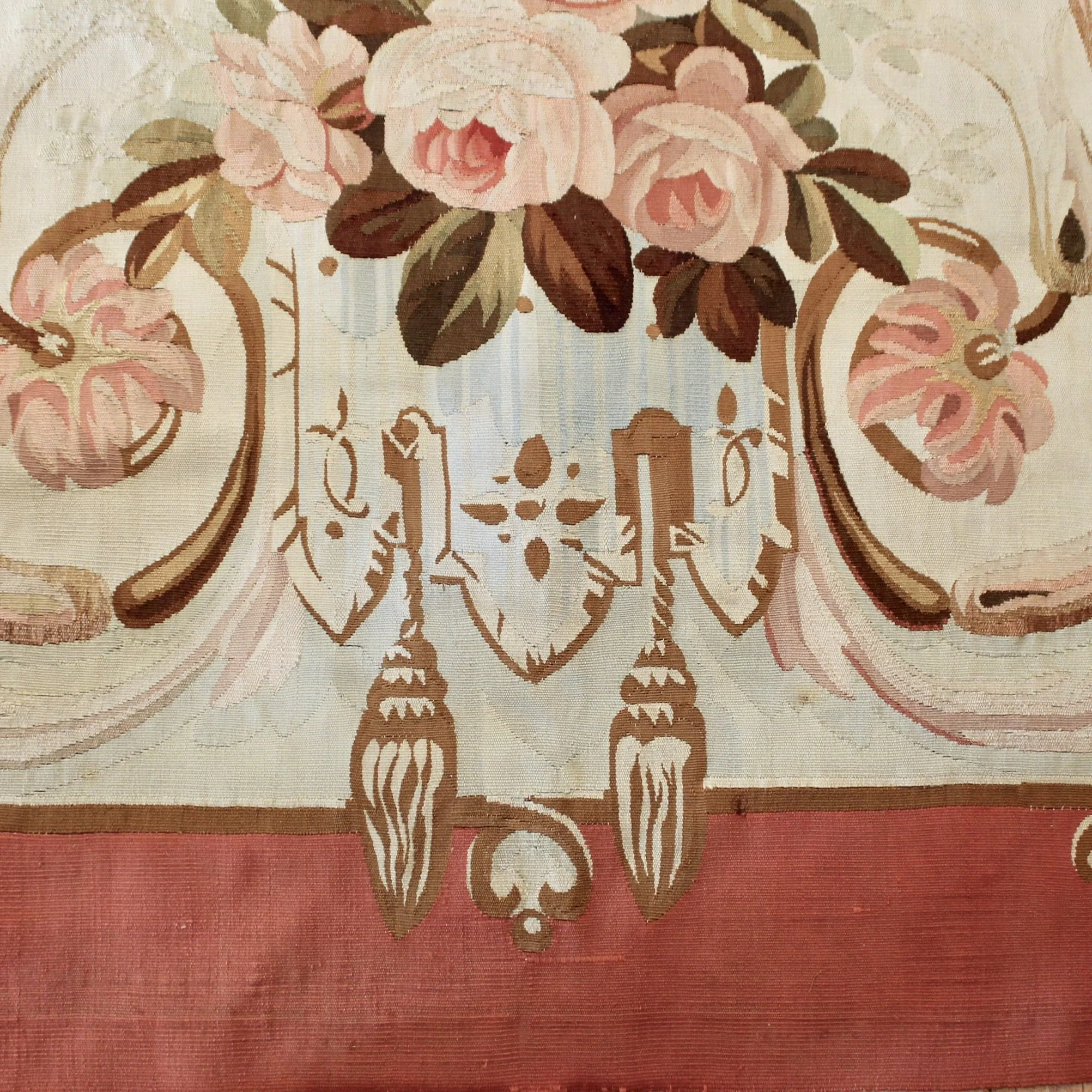 French Aubusson Floral Wall Tapestry in Coral, Rose and Sage Green