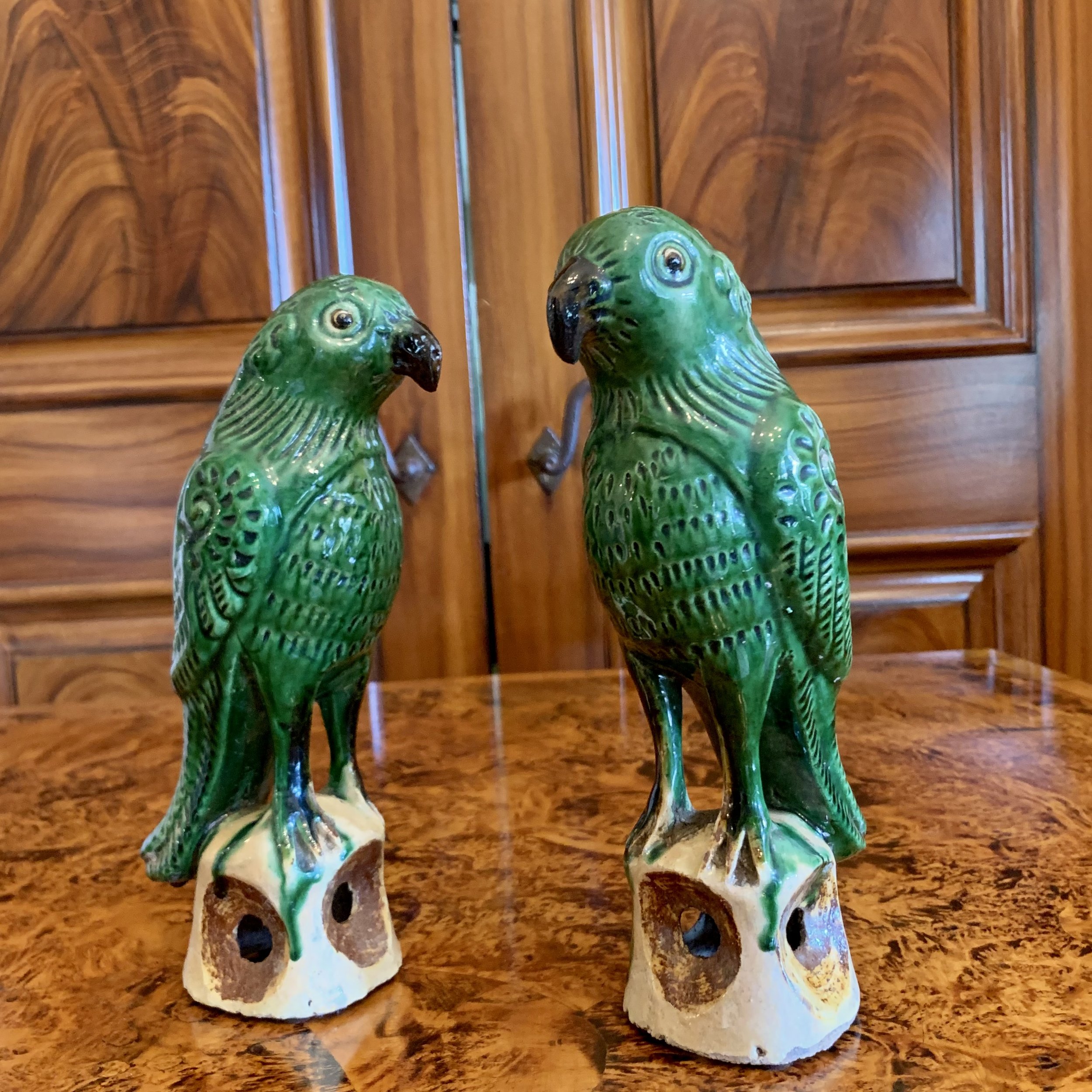 Pair of Antique Sancai Glazed Chinese Export Parrots