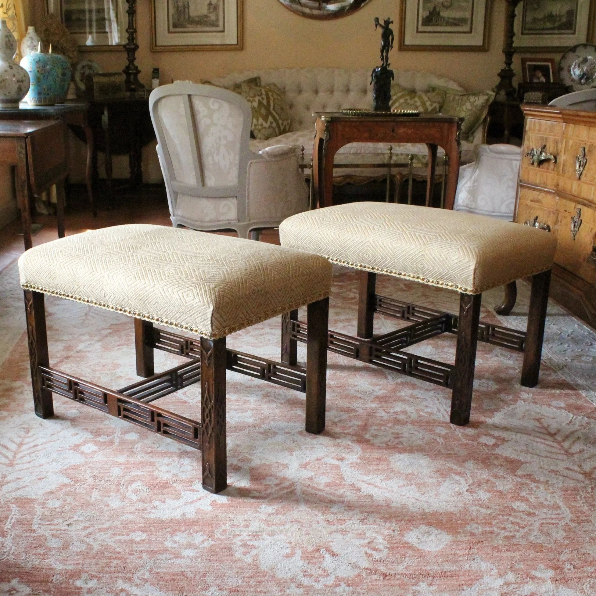 Pair of Georgian Period Chinese Chippendale Fretwork Benches