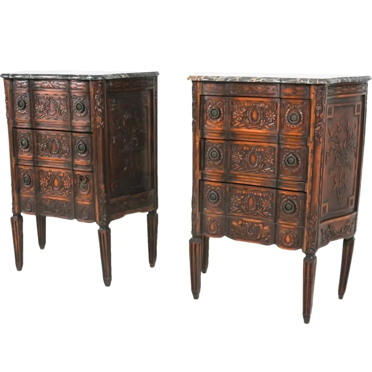 Pair of Small Neoclassical Louis XVI Style Carved Walnut Commodes