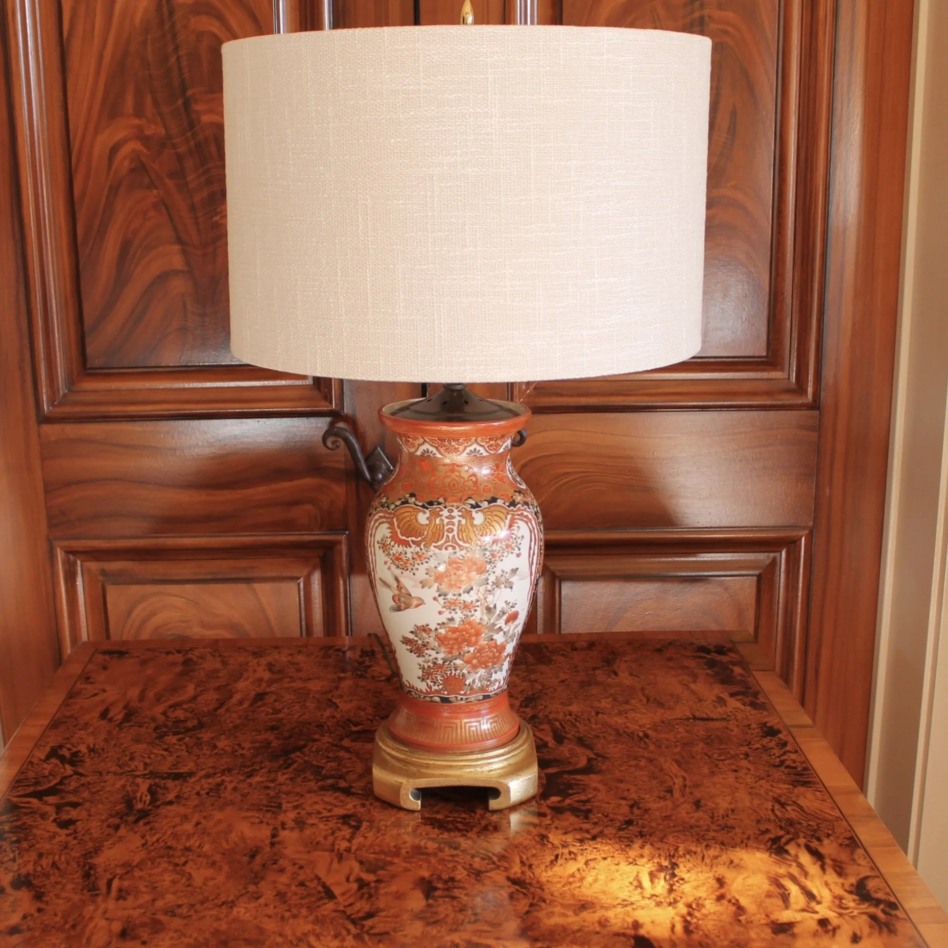 Pair Antique Japanese Kutani Porcelain Vase Lamps