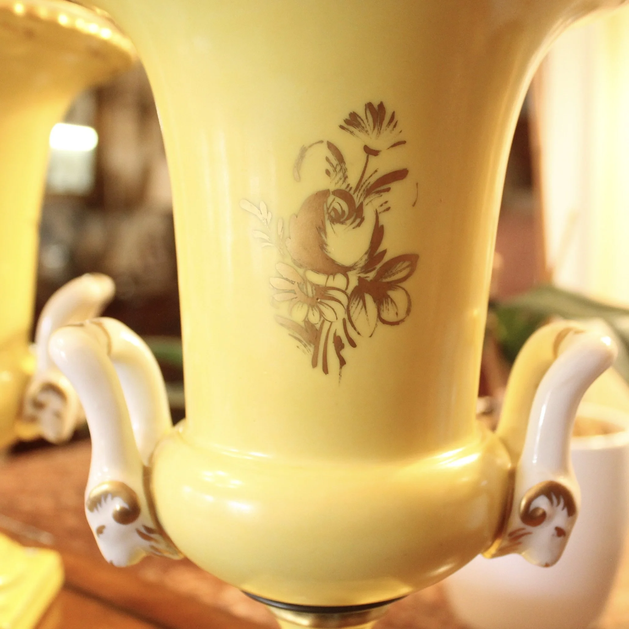 Pair of Paris Porcelain Yellow Glazed and Gilt Urn CACHEPOTS