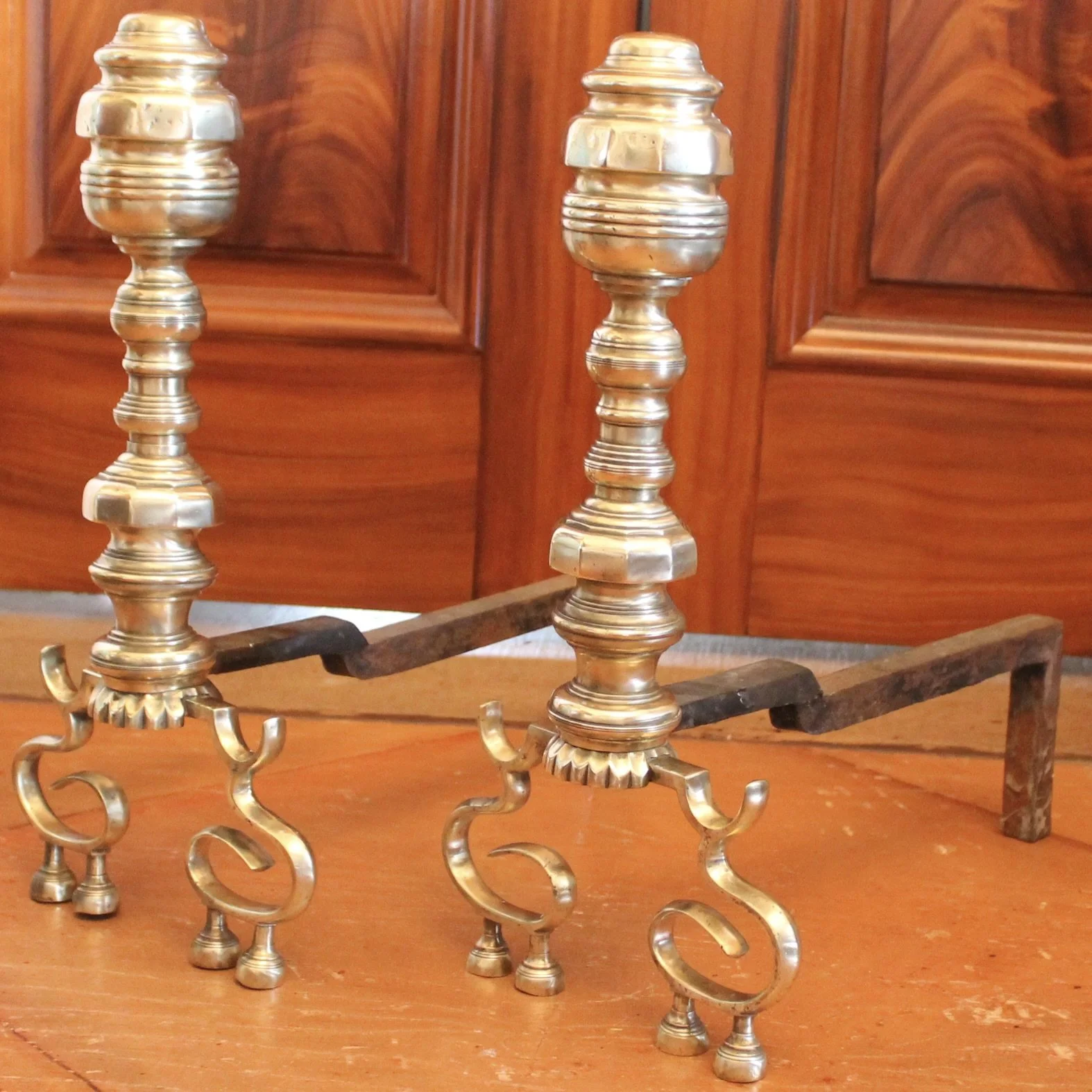 Scroll Footed Antique American Brass Andirons