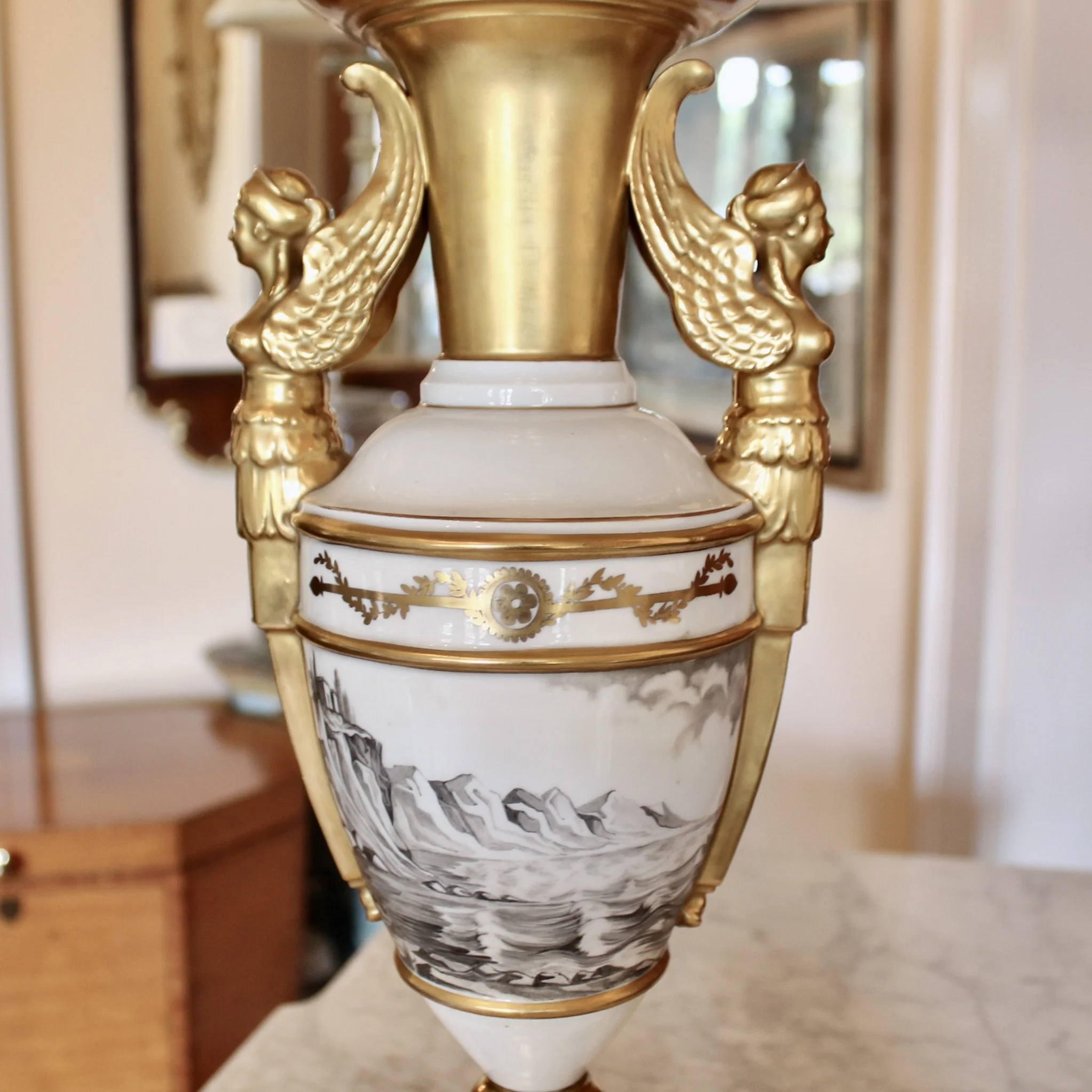 Fine Paris Porcelain Gilt and Grisaille Caryatid Lamp