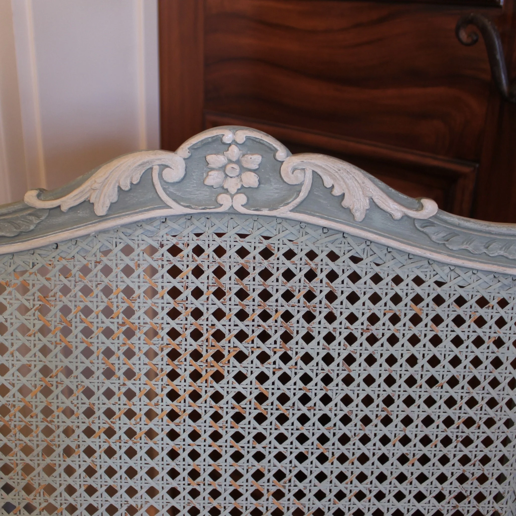 Pair of French Provincial Armchairs in Blue Painted Finish