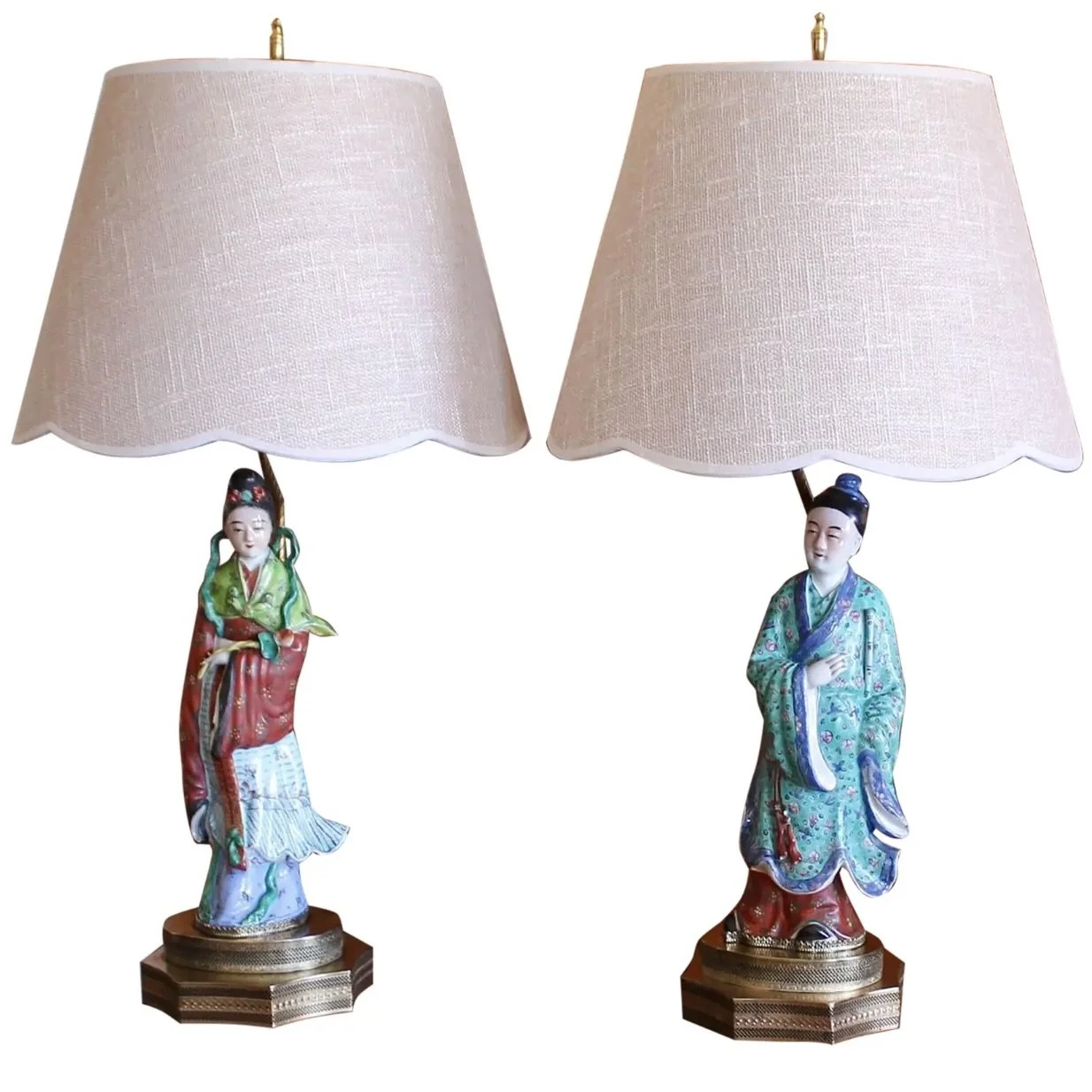 Antique Chinoiserie Porcelain Figure Lamps, Pair