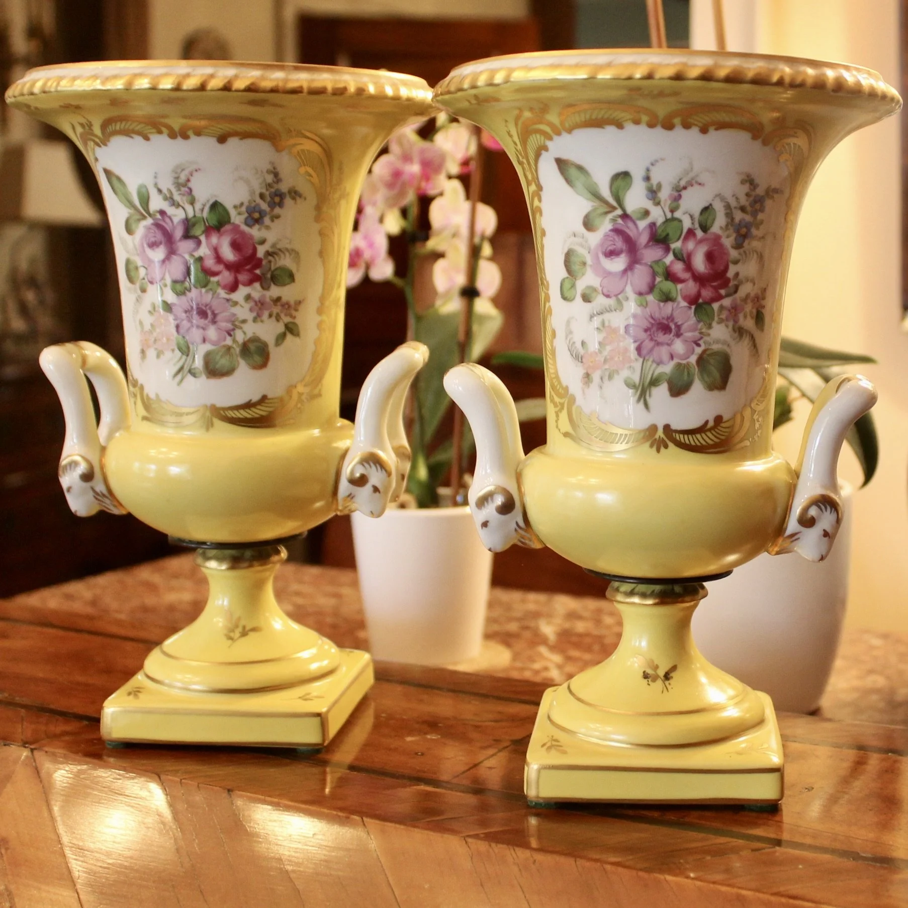 Pair of Paris Porcelain Yellow Glazed and Gilt Urn CACHEPOTS