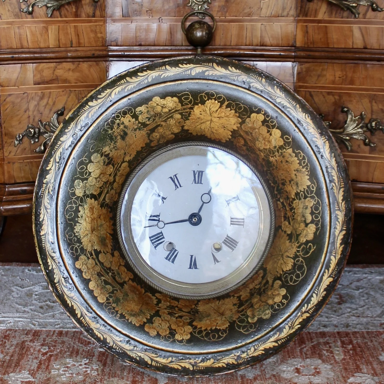 Large French Charles X Painted and Gilded Tôle Clock