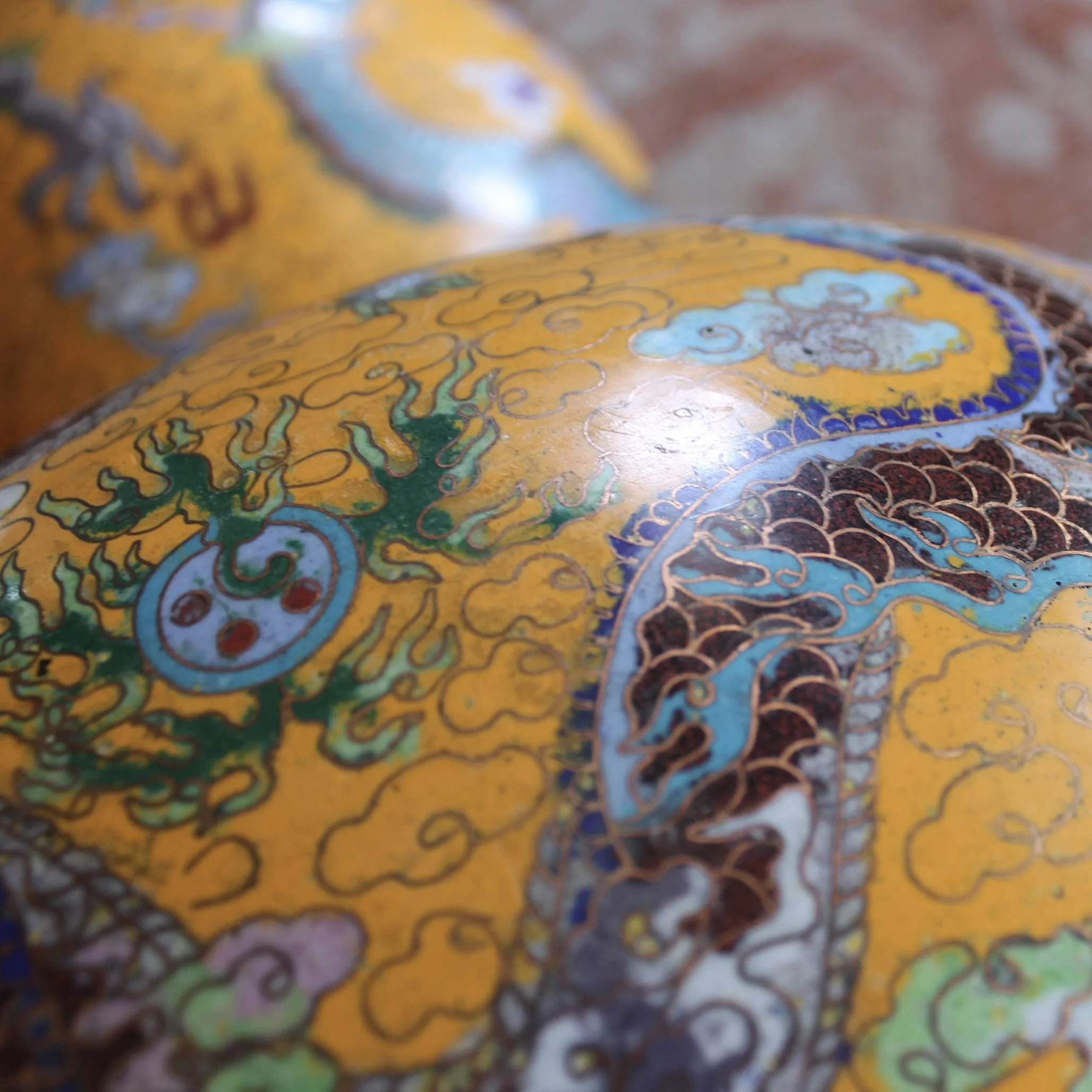 Pair of Yellow Chinese Cloisonné on Copper Double Gourd Vases