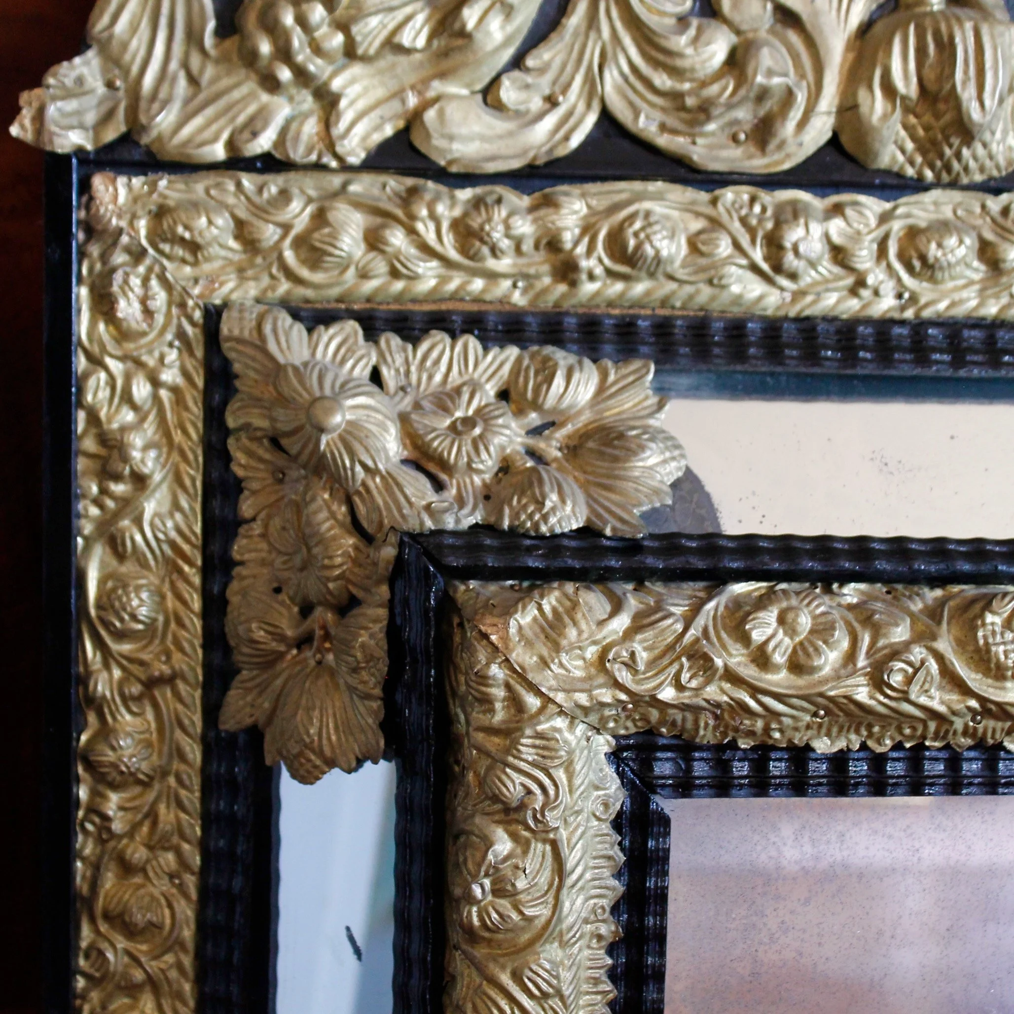 Dutch-Baroque-Style-Cushion-Mirror-With-Gilt-Brass-Repoussé -Mounts (8)-detail