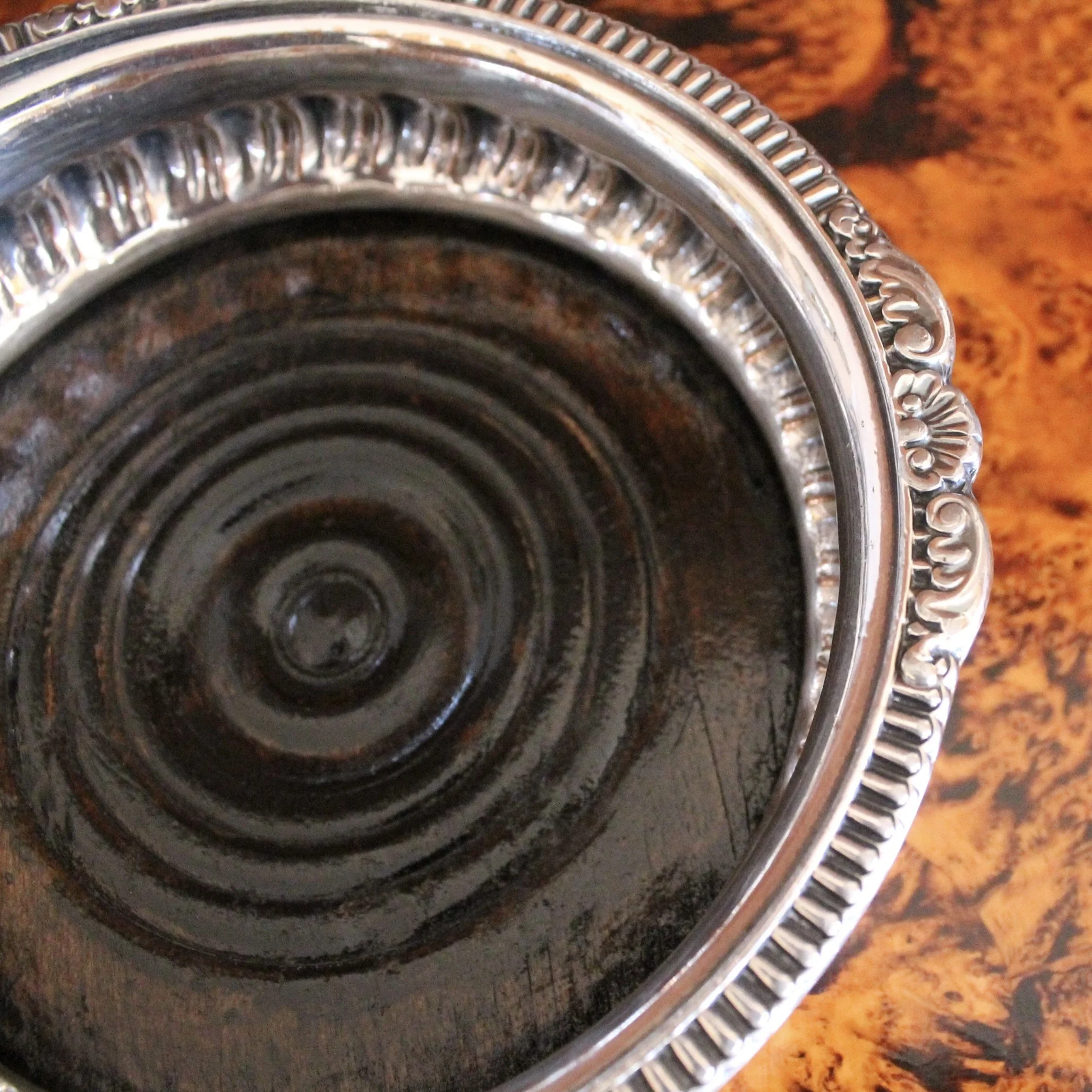 English Silver on Copper Gadrooned Wine Bottle Coasters, pair