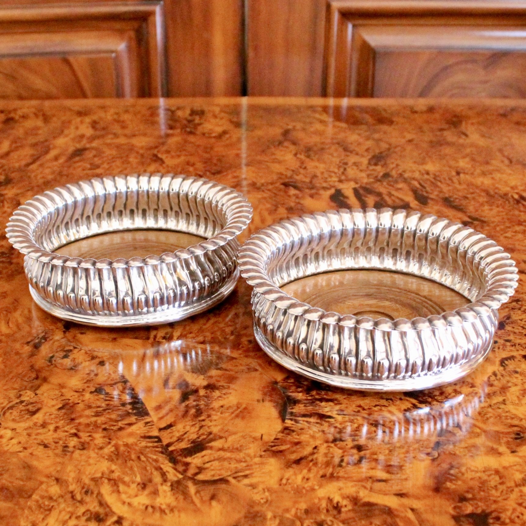 English Silver Plate Lotus Flower Wine Bottle Coasters, pair