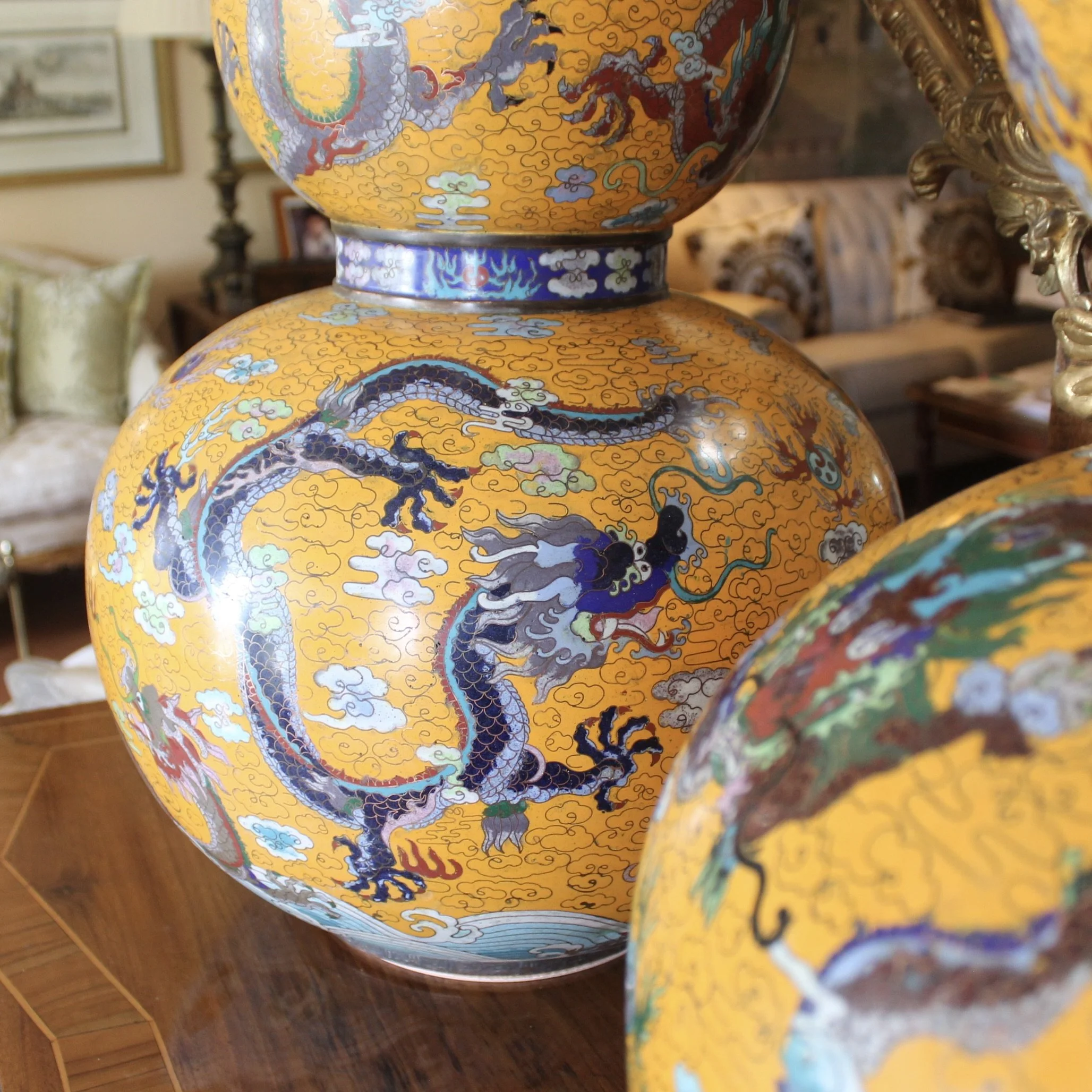 Pair of Yellow Chinese Cloisonné on Copper Double Gourd Vases