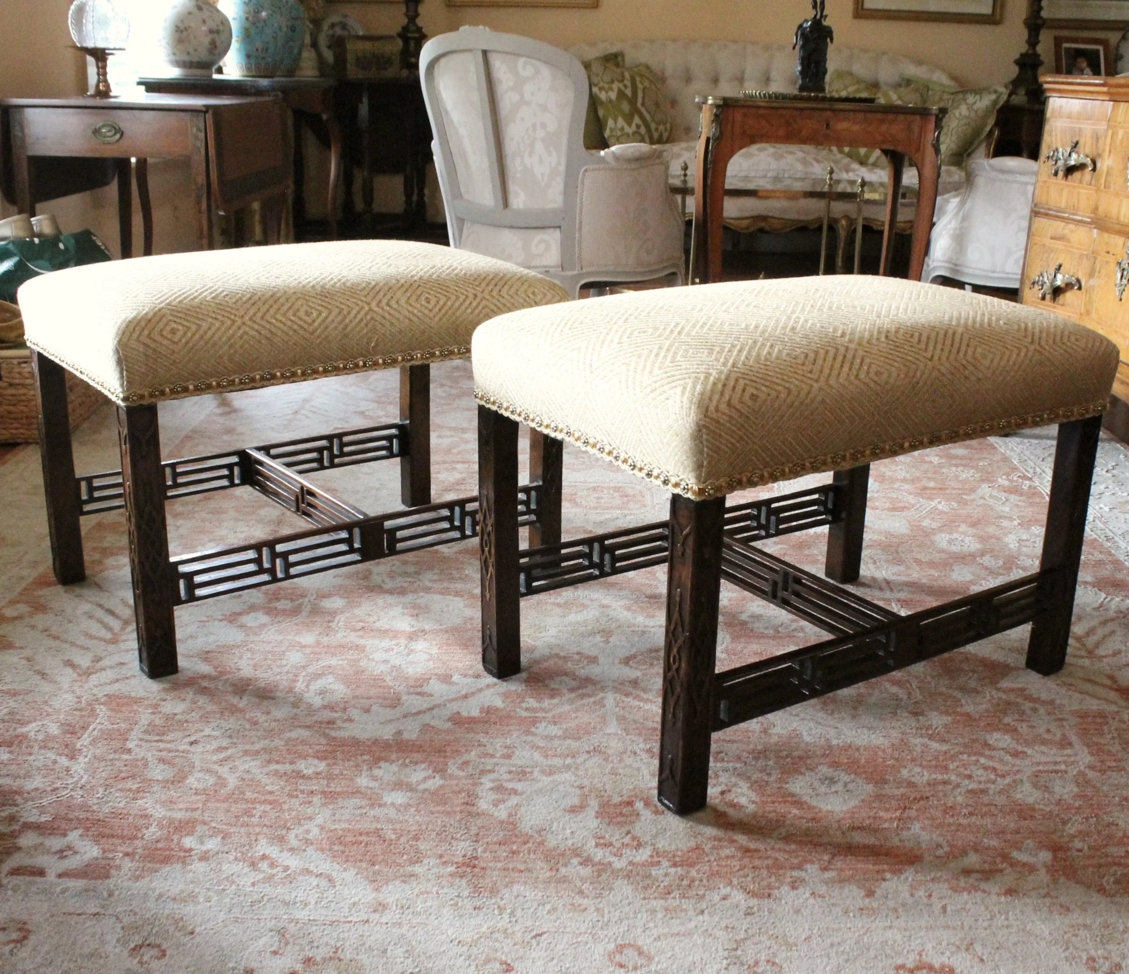 Pair of Georgian Period Chinese Chippendale Fretwork Benches