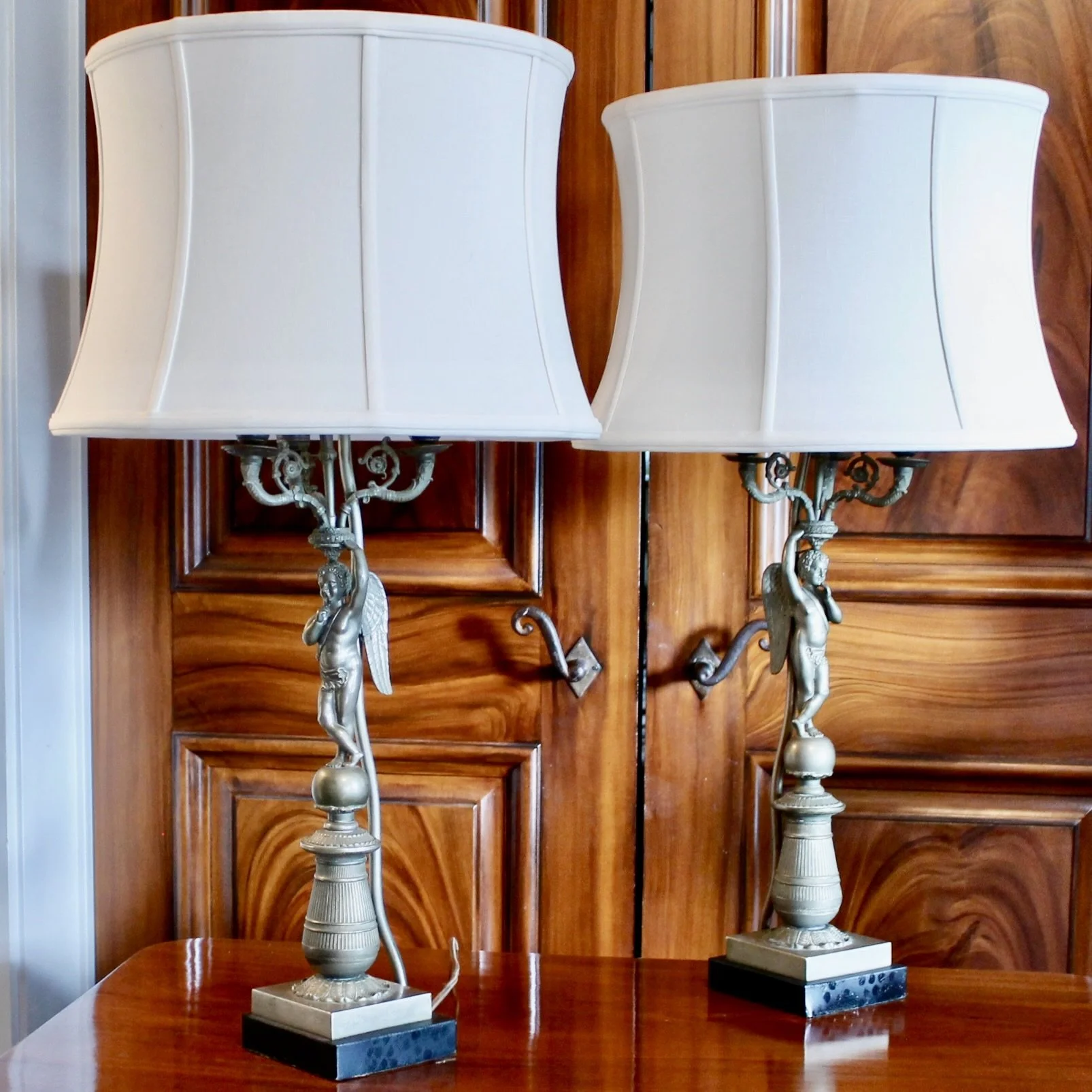 Pair Continental Pewter Winged Putto Figural Candelabra Lamps