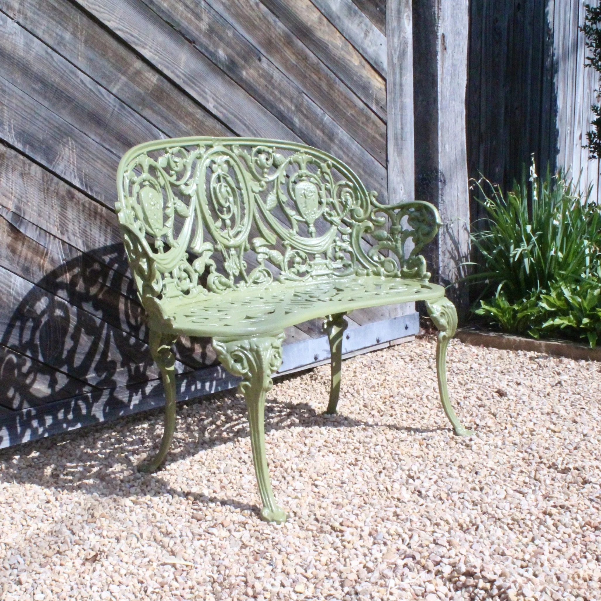 Set of Green Painted Metal Outdoor Garden Furniture: Antique Cameo Pattern, Six Pieces