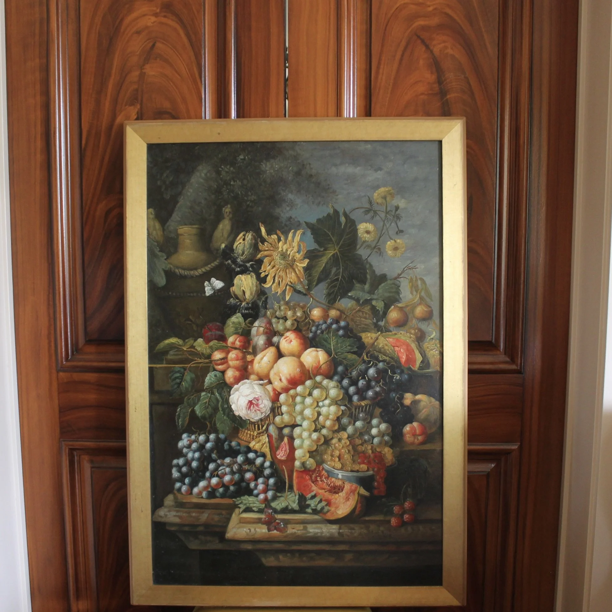 Still Life Oil on Canvas Painting: Flowers and Fruit